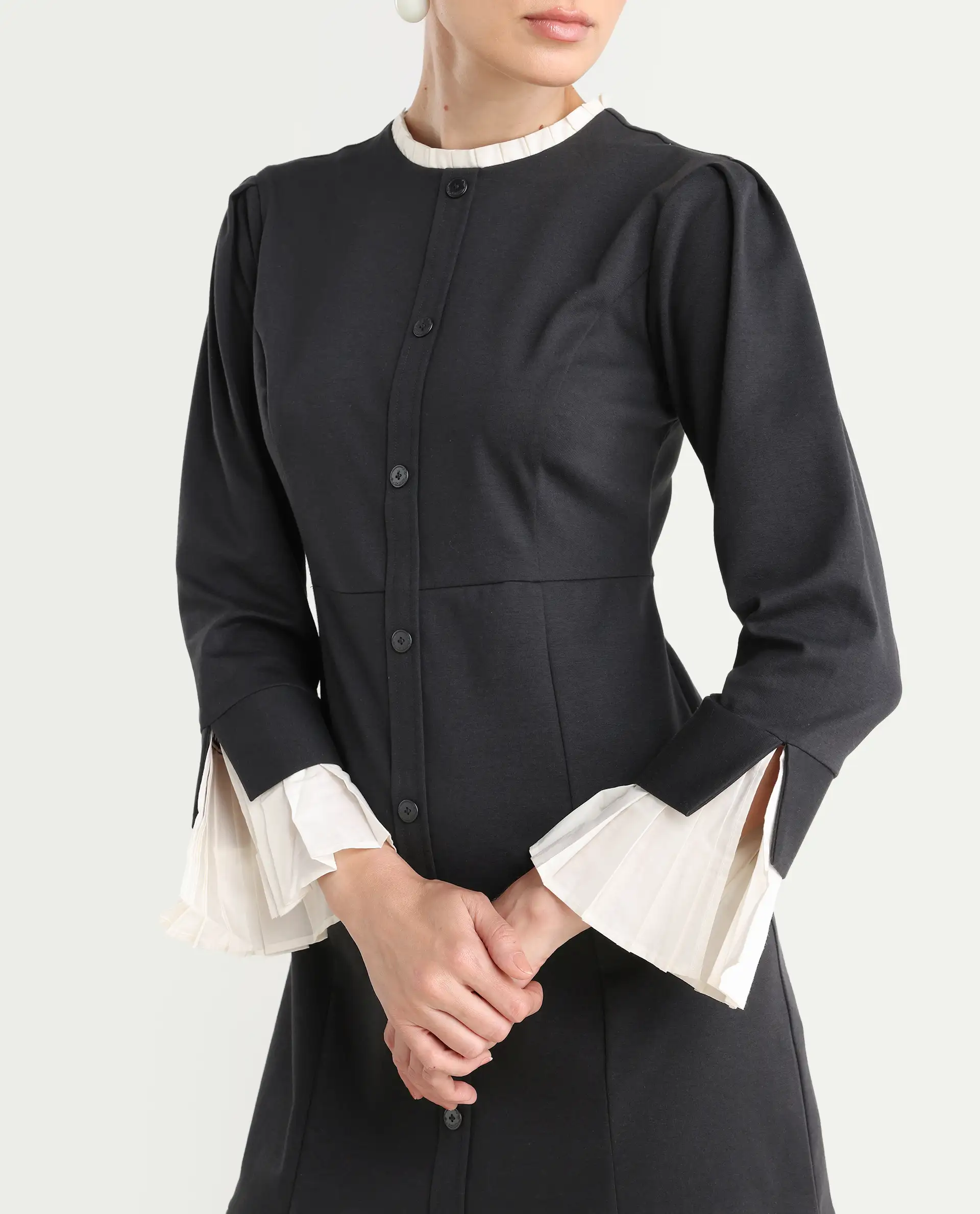 Rareism Women's Mafis Black Polyester Blend Ruffled Neck Plain Fashion Sleeve Mini Straight Fit Dress - Image 4