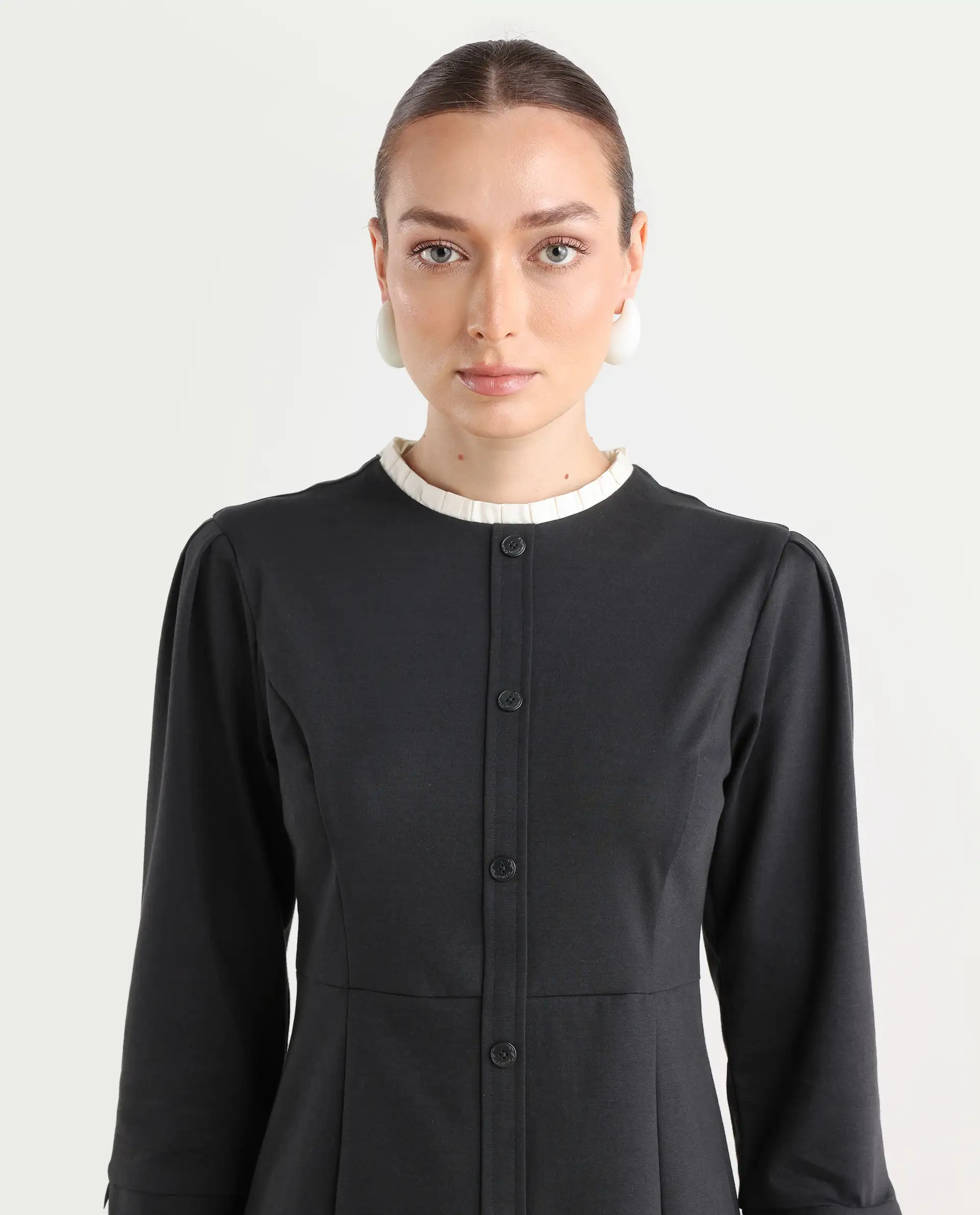 Rareism Women's Mafis Black Polyester Blend Ruffled Neck Plain Fashion Sleeve Mini Straight Fit Dress - Image 5