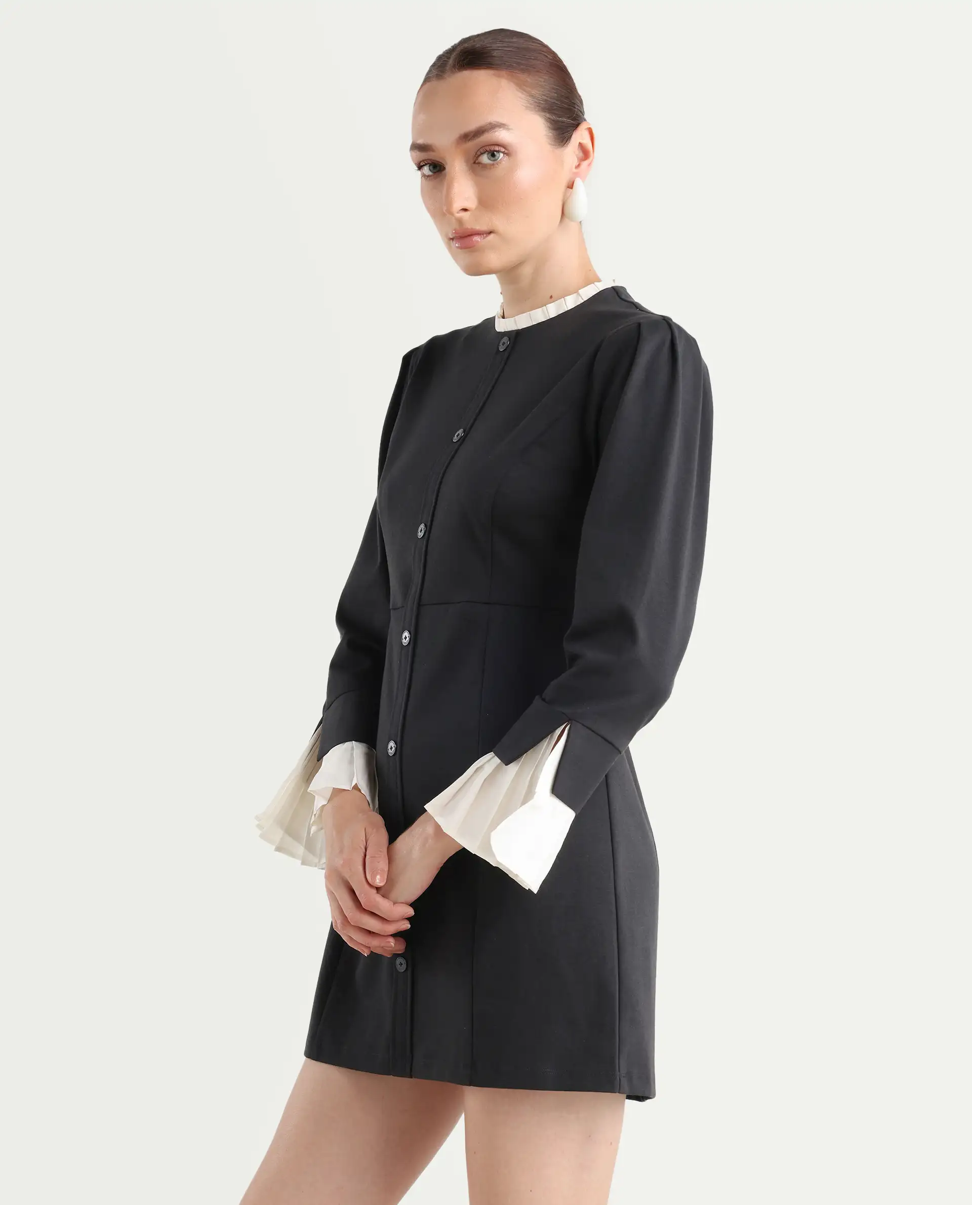 Rareism Women's Mafis Black Polyester Blend Ruffled Neck Plain Fashion Sleeve Mini Straight Fit Dress - Image 6