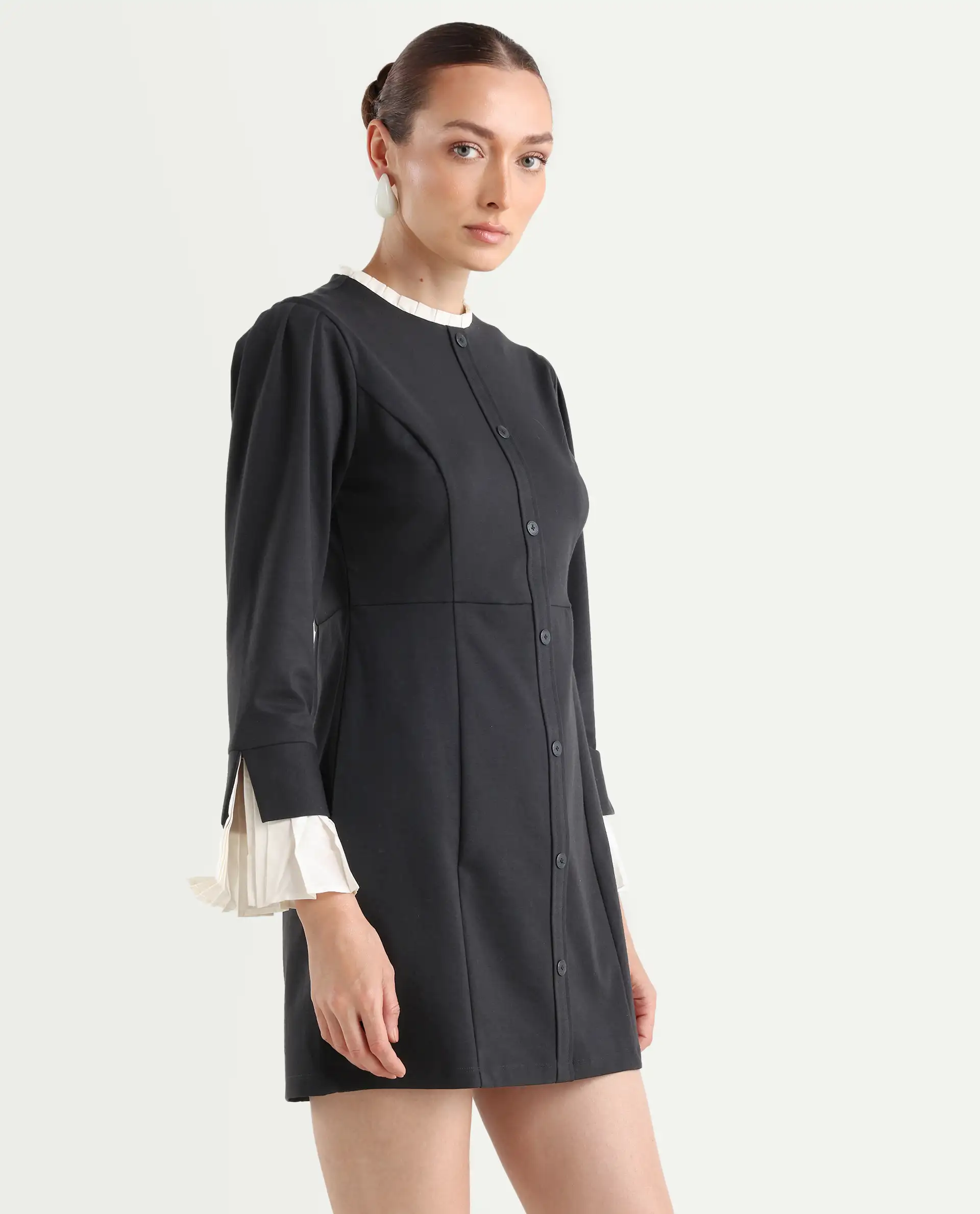 Rareism Women's Mafis Black Polyester Blend Ruffled Neck Plain Fashion Sleeve Mini Straight Fit Dress - Image 7