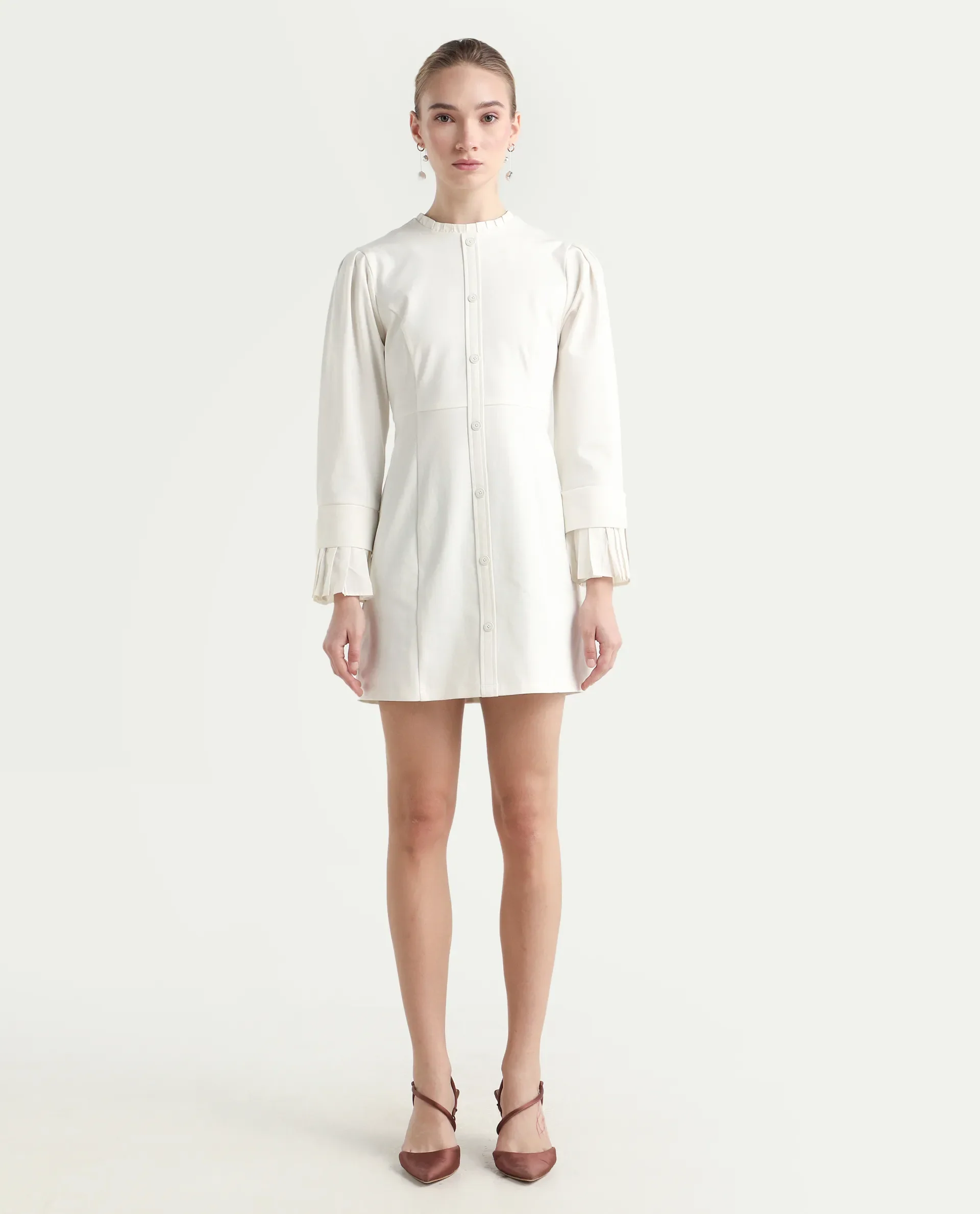 Rareism Women's Mafis White Polyester Blend Ruffled Neck Plain Fashion Sleeve Mini Straight Fit Dress - Image 2