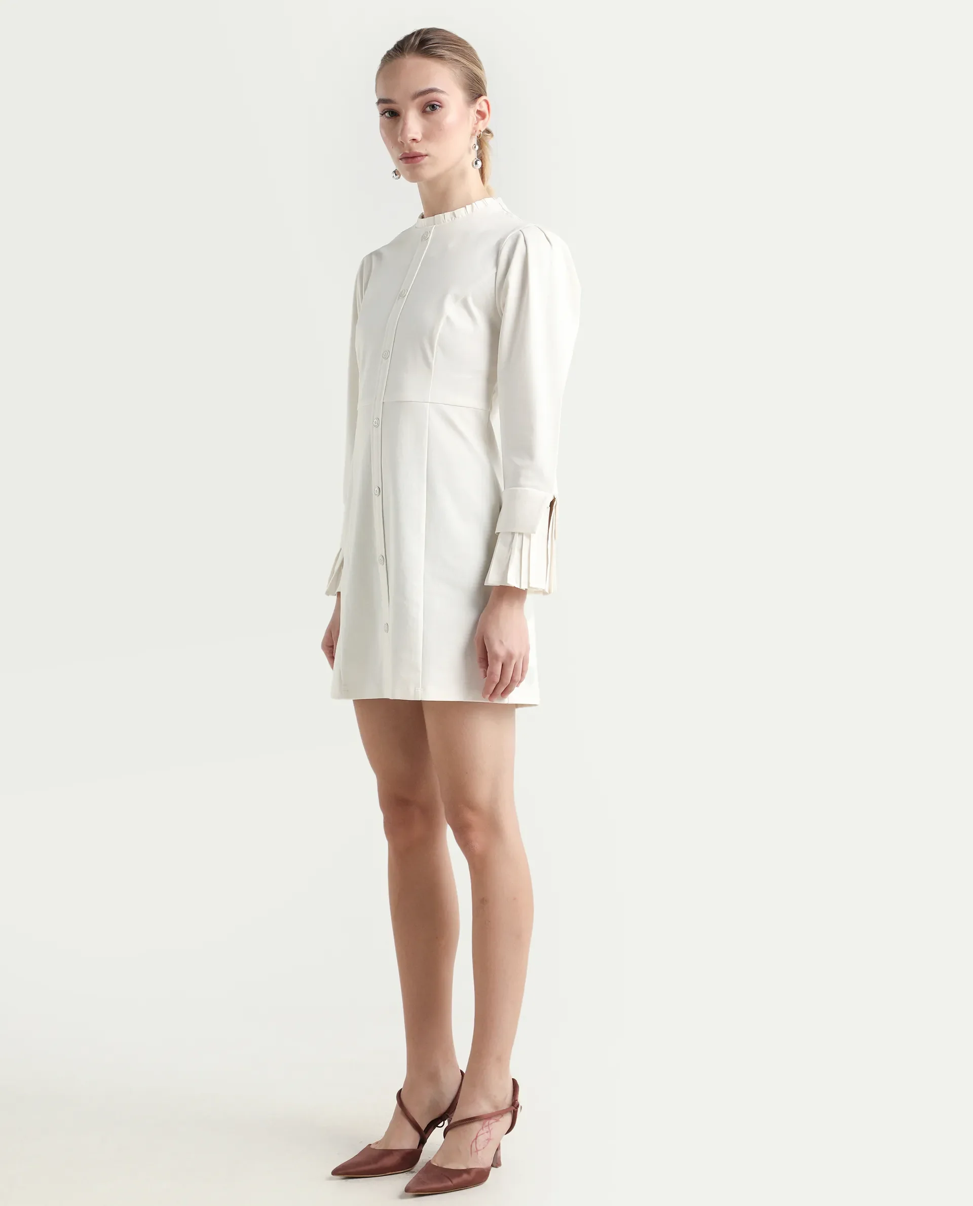 Rareism Women's Mafis White Polyester Blend Ruffled Neck Plain Fashion Sleeve Mini Straight Fit Dress - Image 5