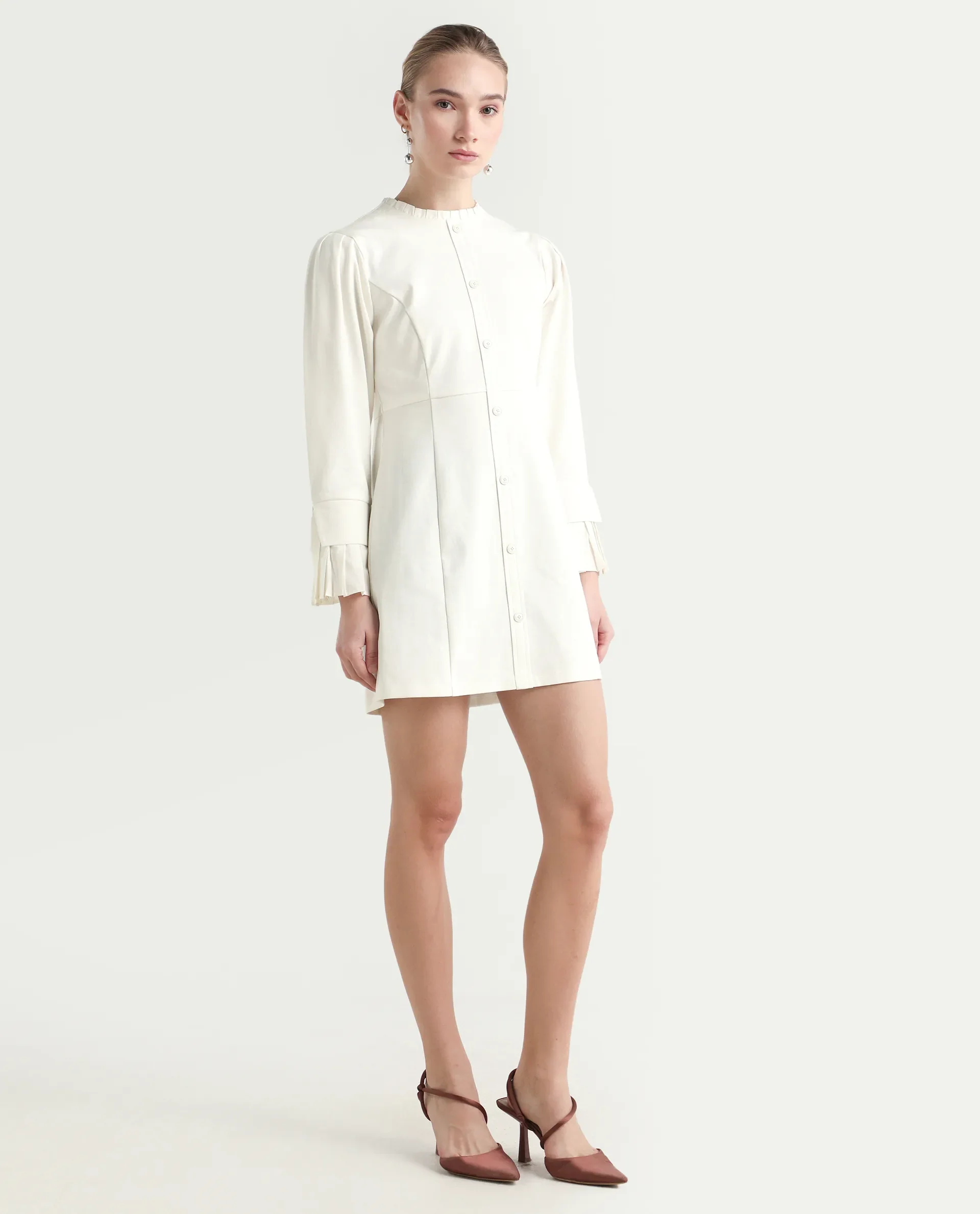Rareism Women's Mafis White Polyester Blend Ruffled Neck Plain Fashion Sleeve Mini Straight Fit Dress - Image 6