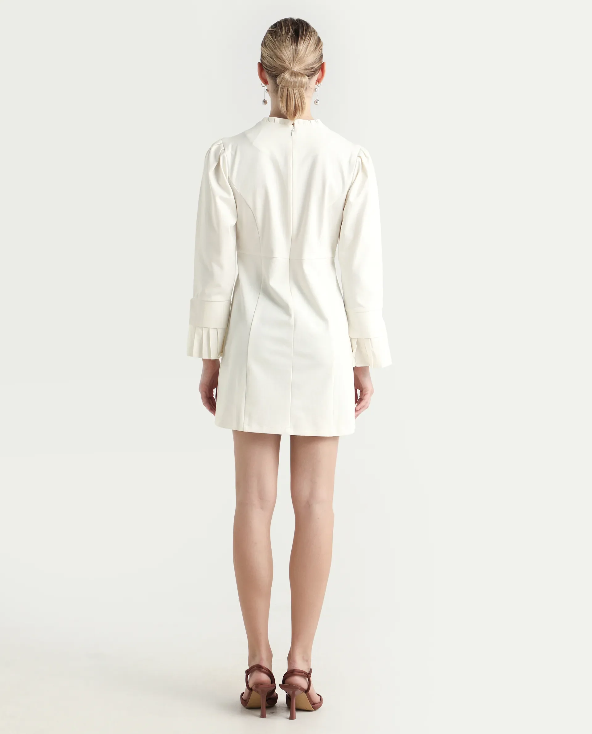 Rareism Women's Mafis White Polyester Blend Ruffled Neck Plain Fashion Sleeve Mini Straight Fit Dress - Image 7