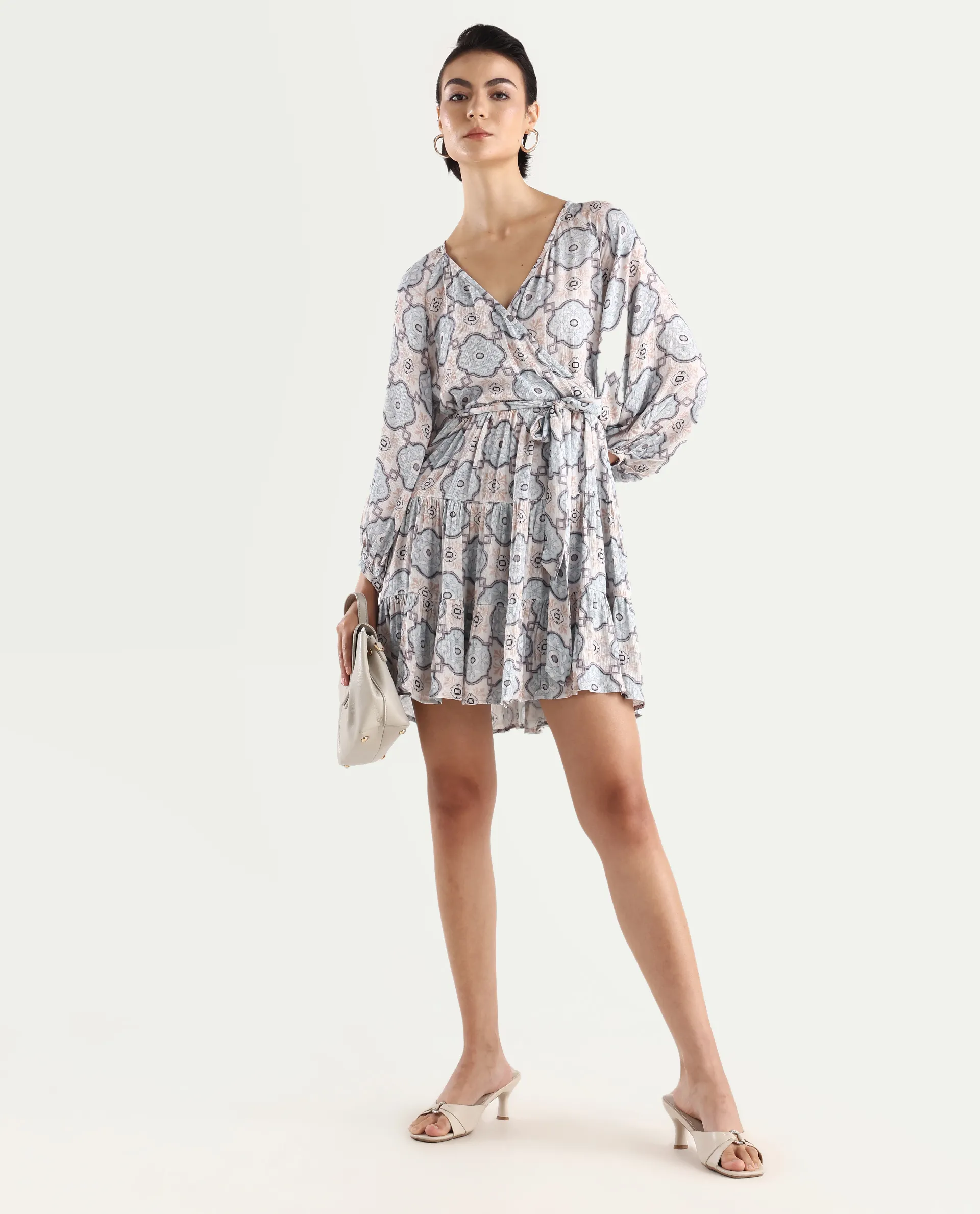 Rareism Women's Mage-Light Blue Rayon Overlap Neck Abstract Print Raglan Sleeve Mini Fit And Flare Dress - Image 2