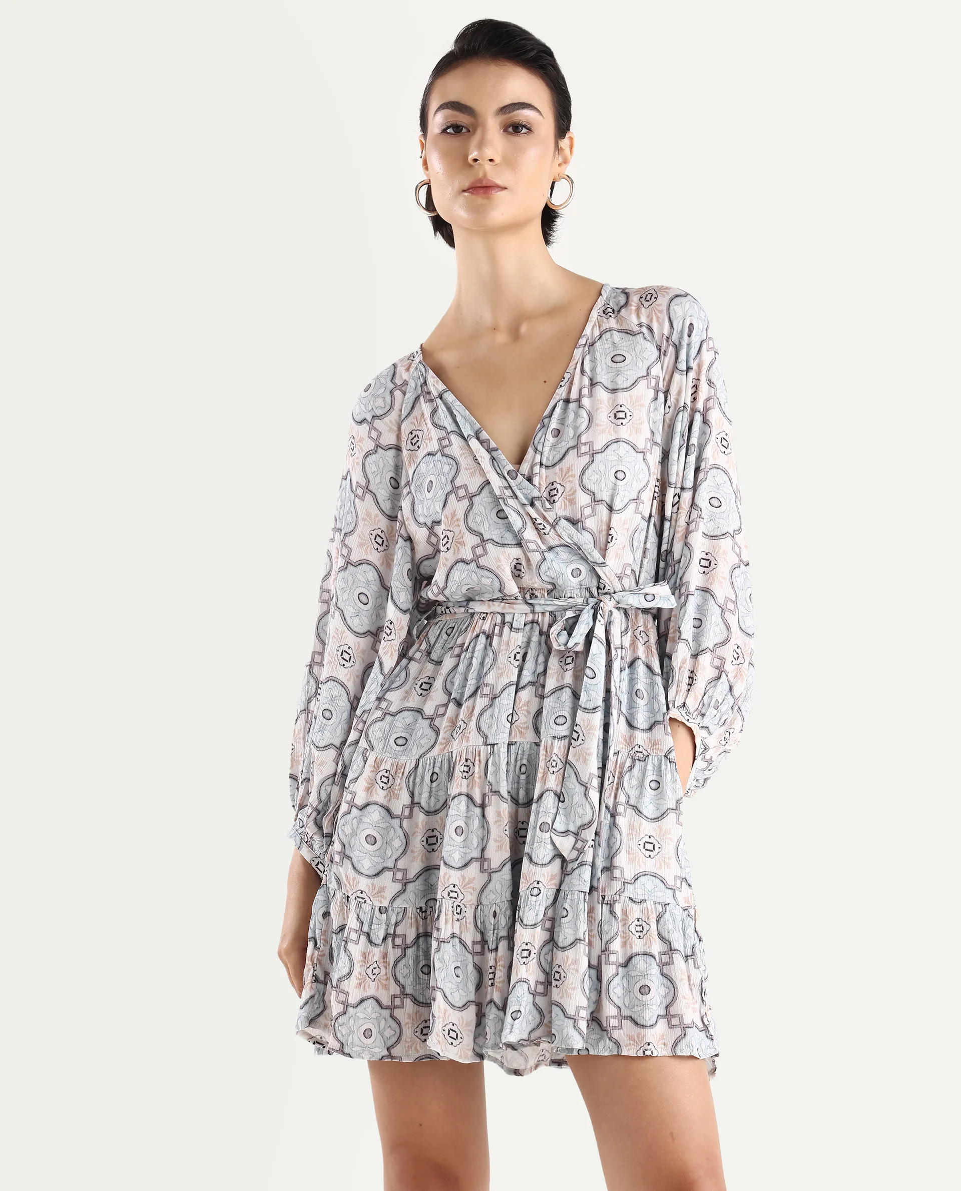 Rareism Women's Mage-Light Blue Rayon Overlap Neck Abstract Print Raglan Sleeve Mini Fit And Flare Dress - Image 3