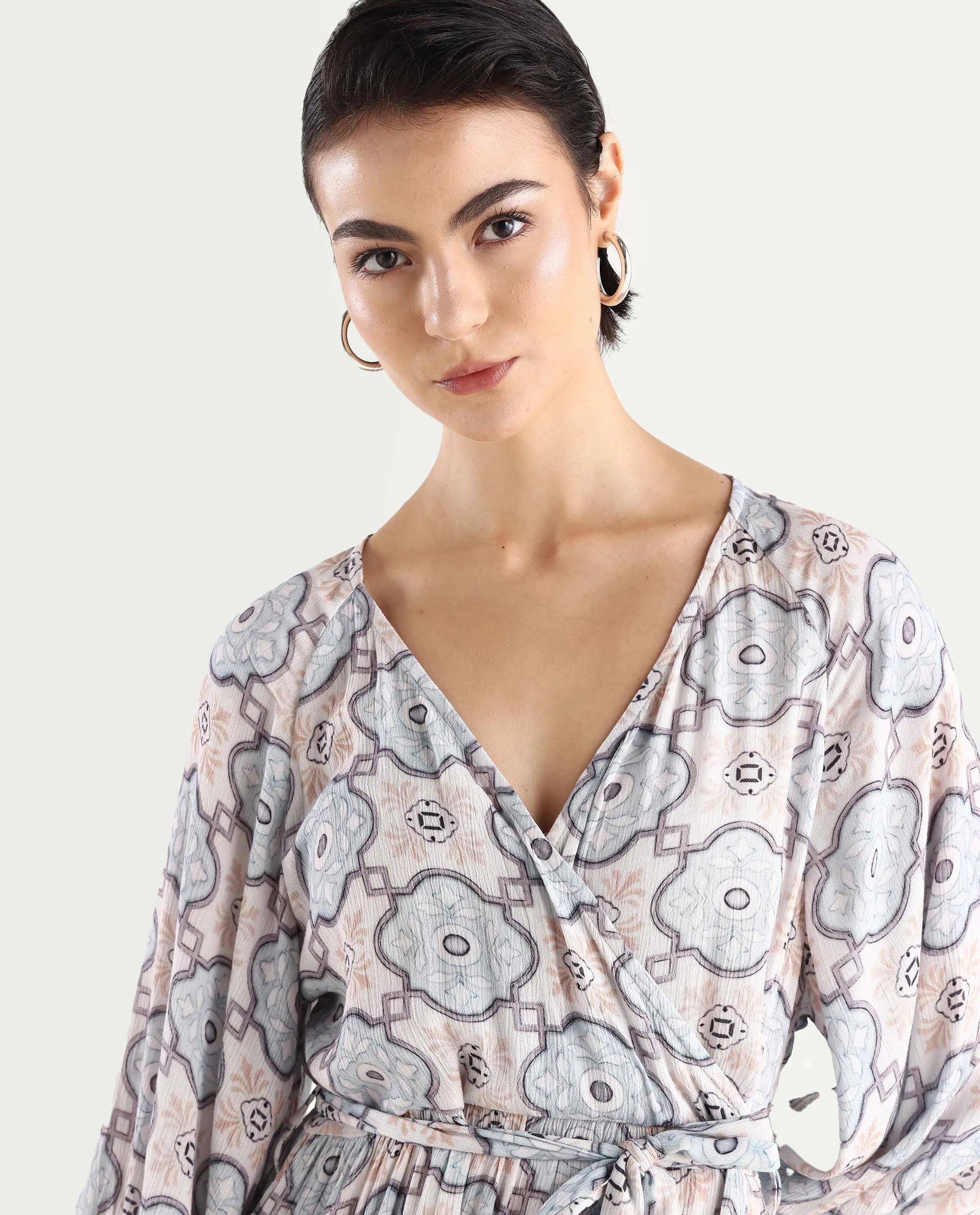 Rareism Women's Mage-Light Blue Rayon Overlap Neck Abstract Print Raglan Sleeve Mini Fit And Flare Dress - Image 4