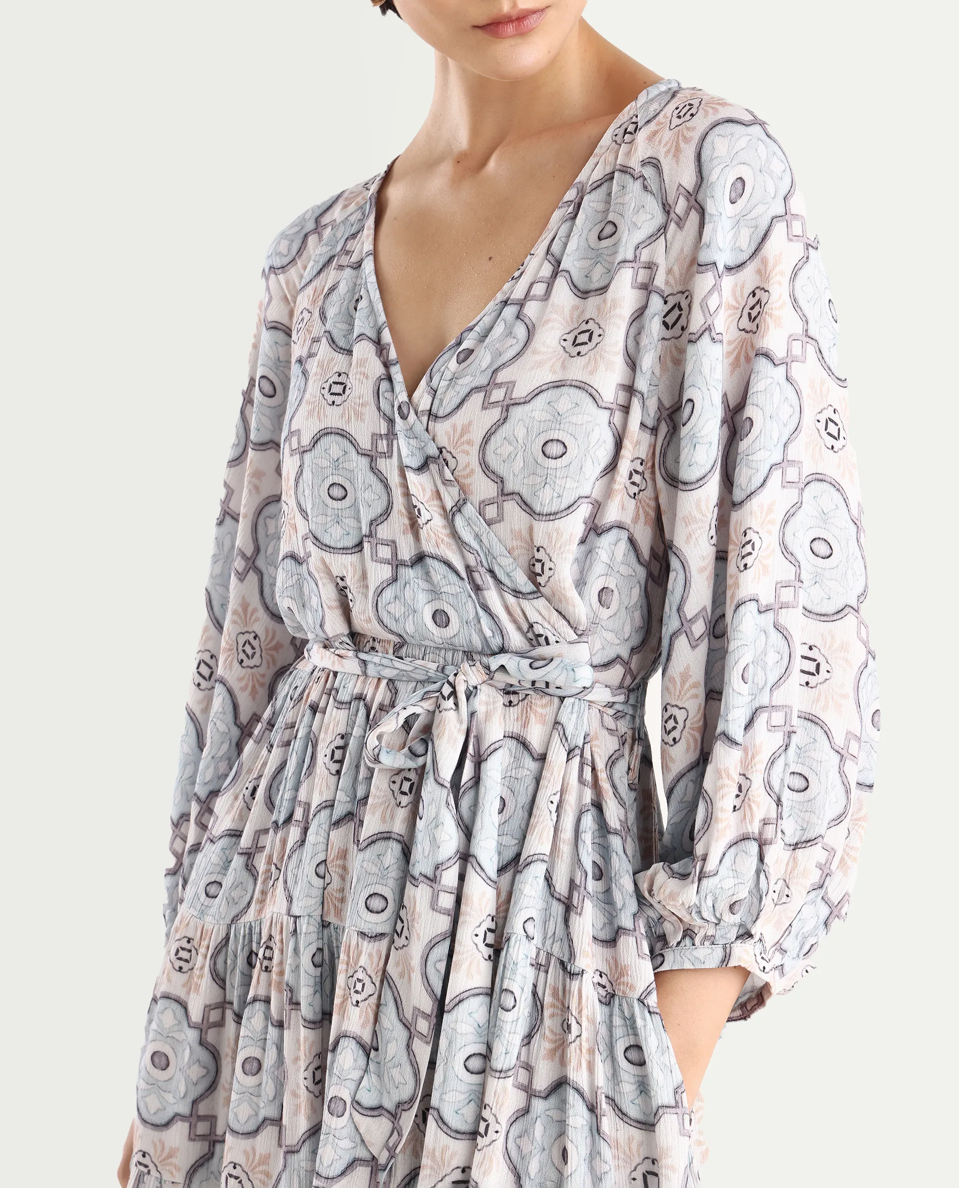 Rareism Women's Mage-Light Blue Rayon Overlap Neck Abstract Print Raglan Sleeve Mini Fit And Flare Dress - Image 5