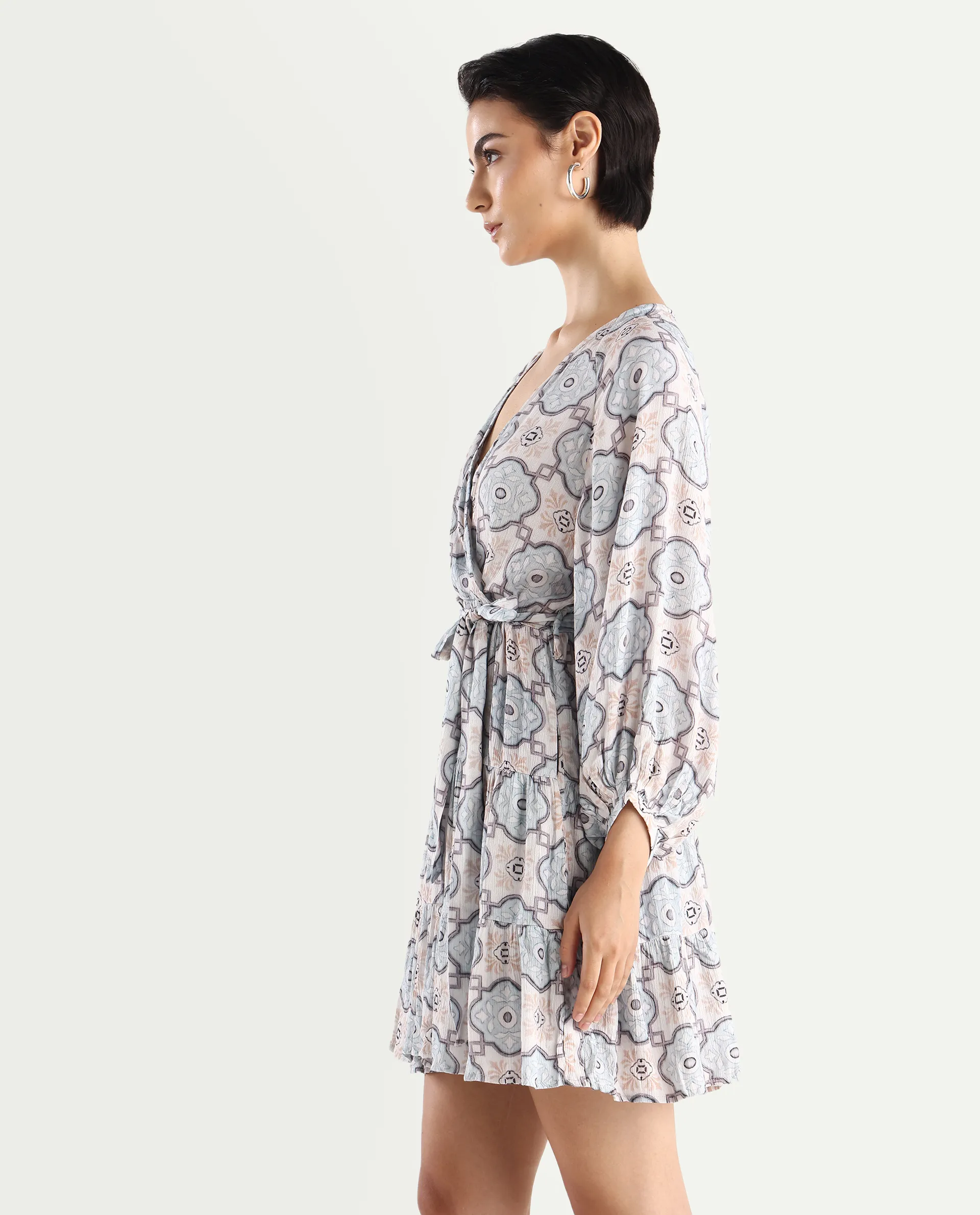 Rareism Women's Mage-Light Blue Rayon Overlap Neck Abstract Print Raglan Sleeve Mini Fit And Flare Dress - Image 6