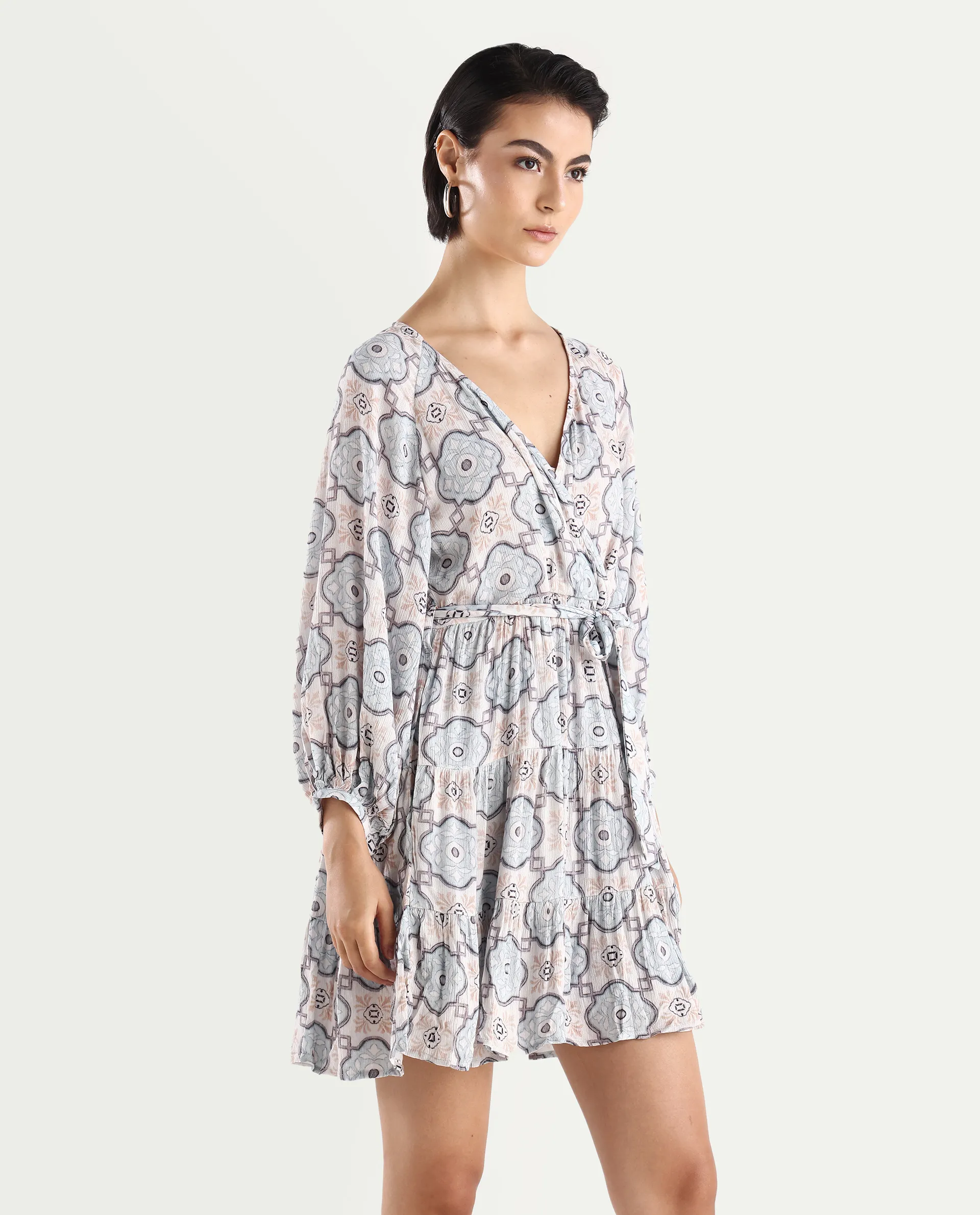 Rareism Women's Mage-Light Blue Rayon Overlap Neck Abstract Print Raglan Sleeve Mini Fit And Flare Dress - Image 7