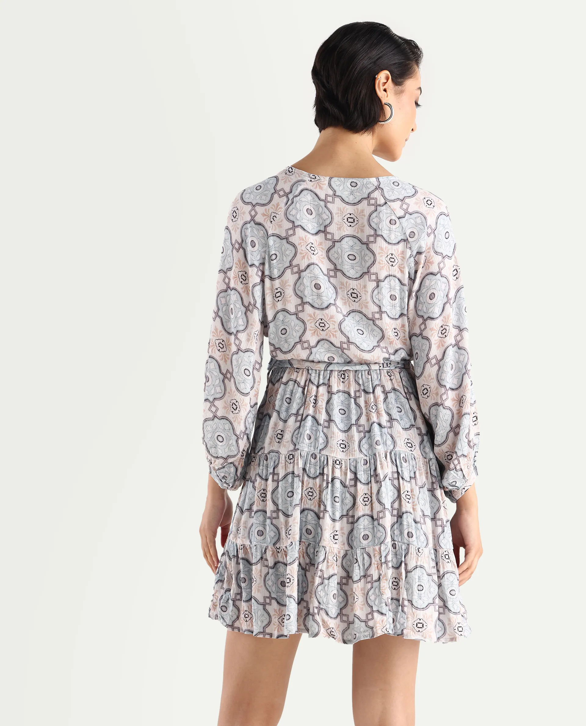 Rareism Women's Mage-Light Blue Rayon Overlap Neck Abstract Print Raglan Sleeve Mini Fit And Flare Dress - Image 8