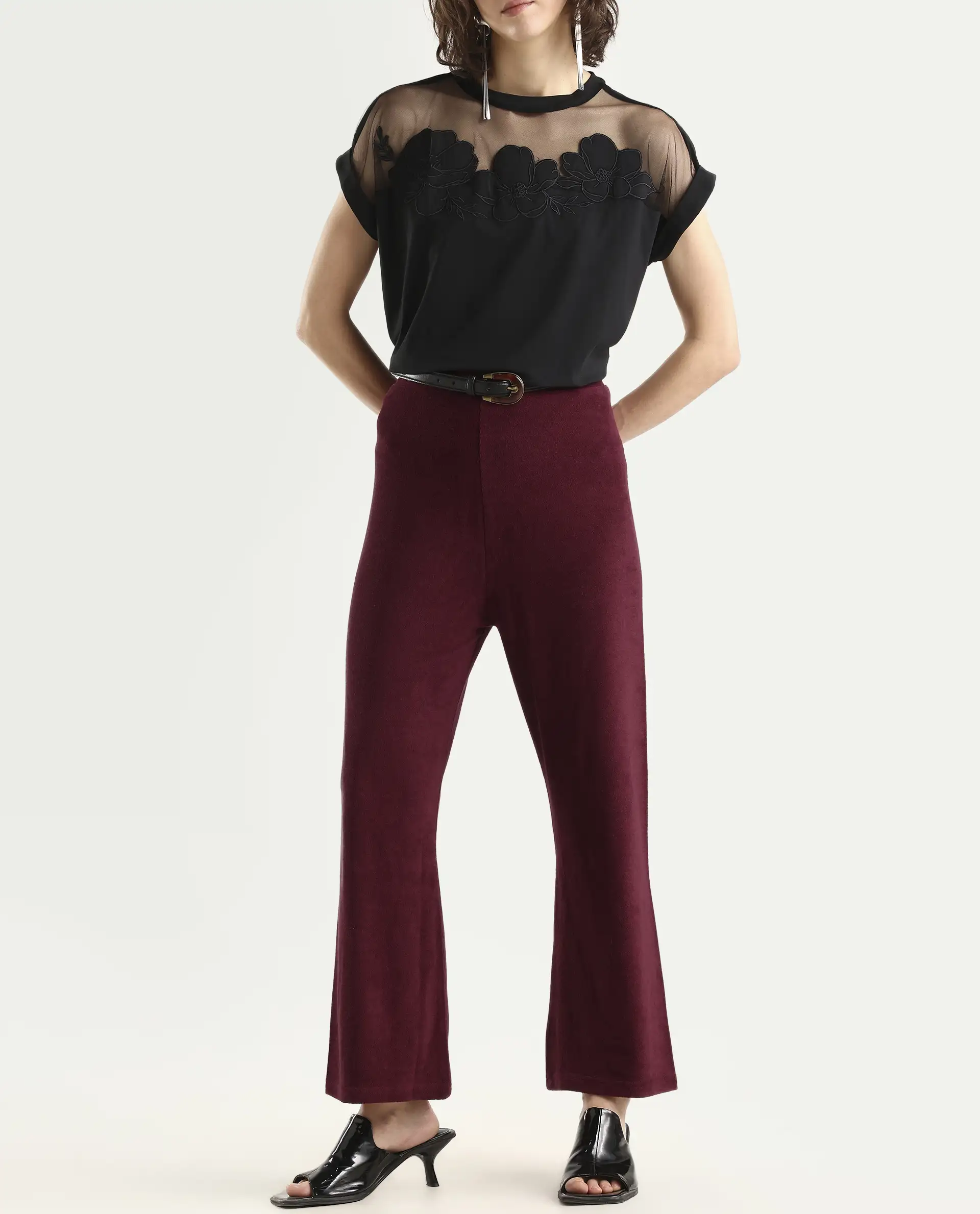 Rareism Women Magica Maroon Trousers Knit Fabric Solid - Image 2