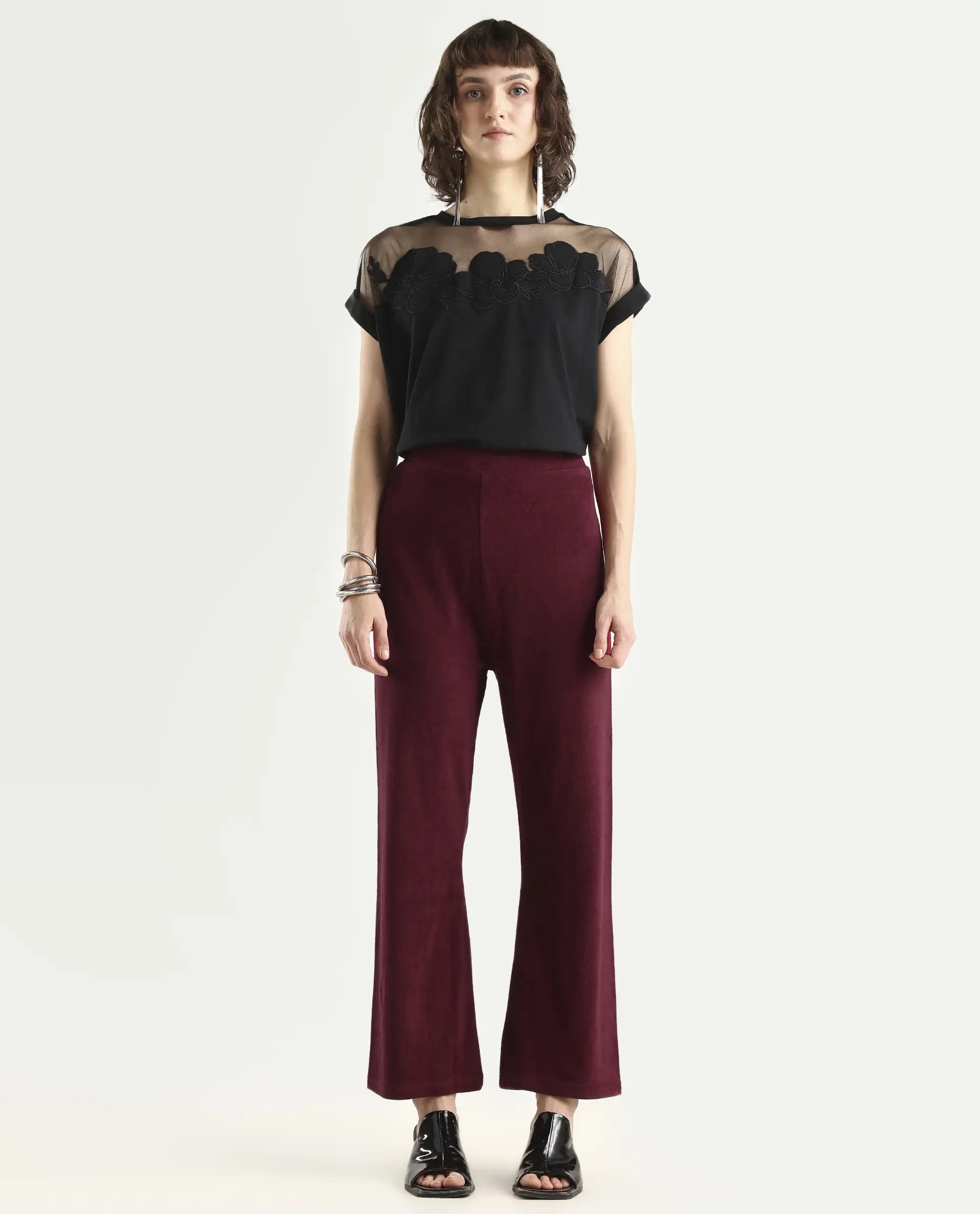 Rareism Women Magica Maroon Trousers Knit Fabric Solid - Image 3