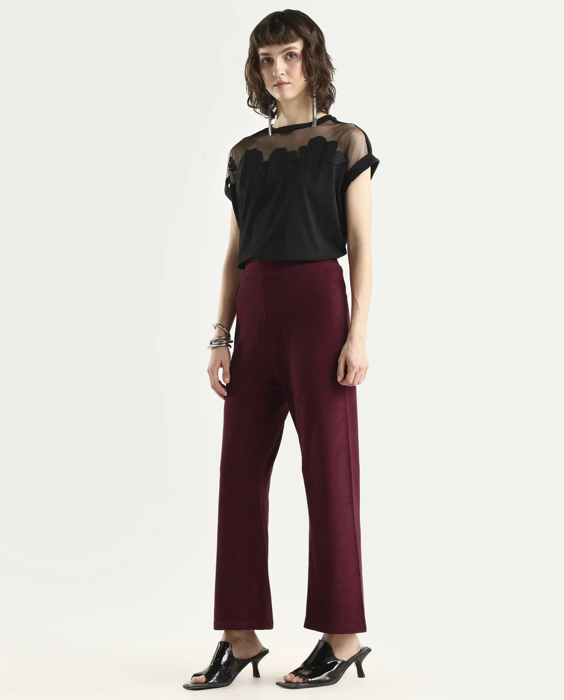 Rareism Women Magica Maroon Trousers Knit Fabric Solid - Image 5