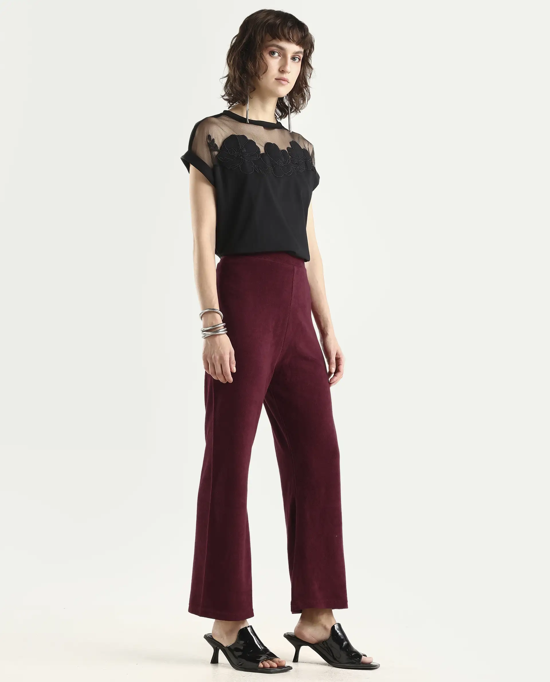 Rareism Women Magica Maroon Trousers Knit Fabric Solid - Image 6