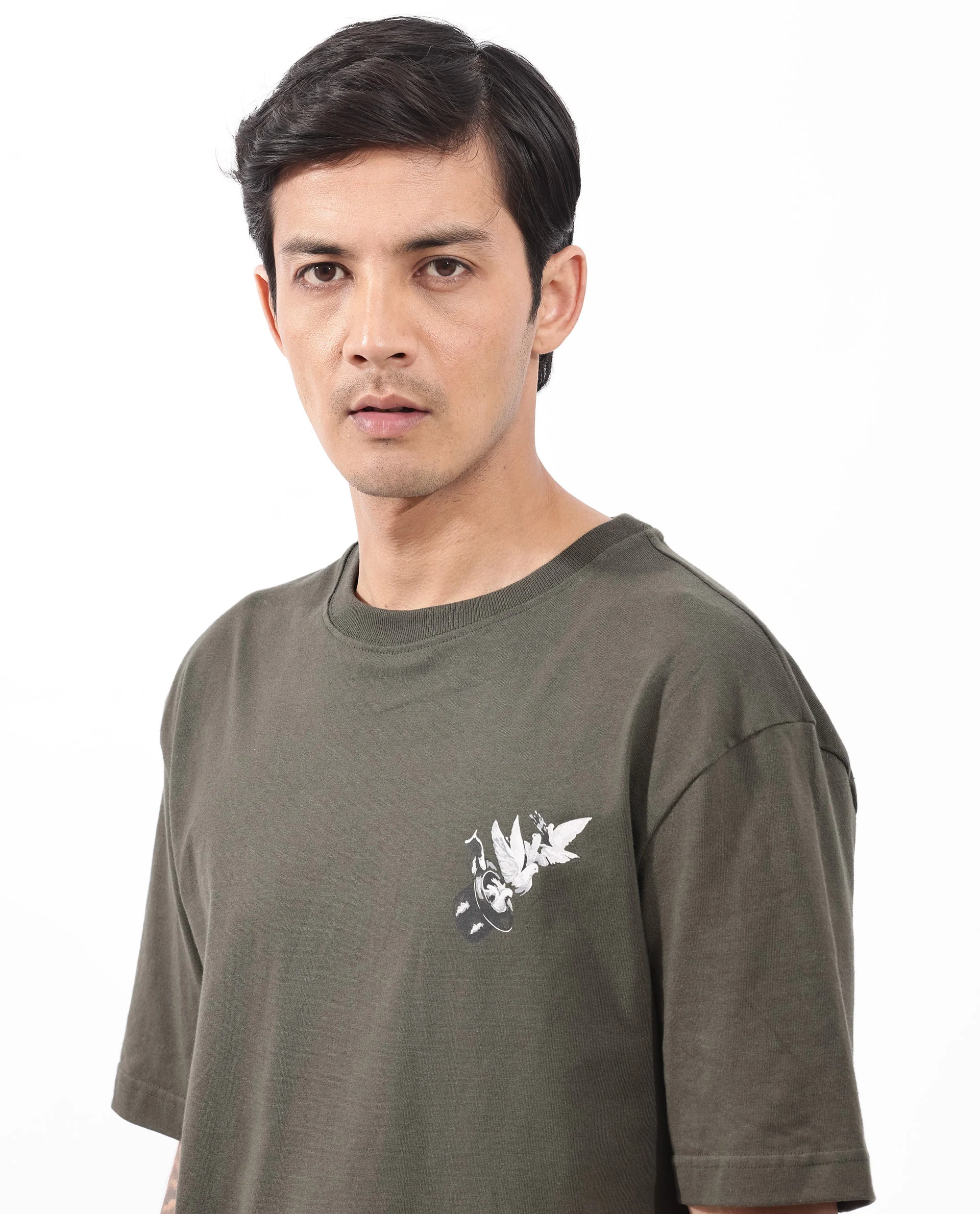 Rare Rabbit Articale Men's Magiq Olive Cotton Polyester Fabric Crew Neck Oversized Fit Graphic Abstract Print T-Shirt - Image 10