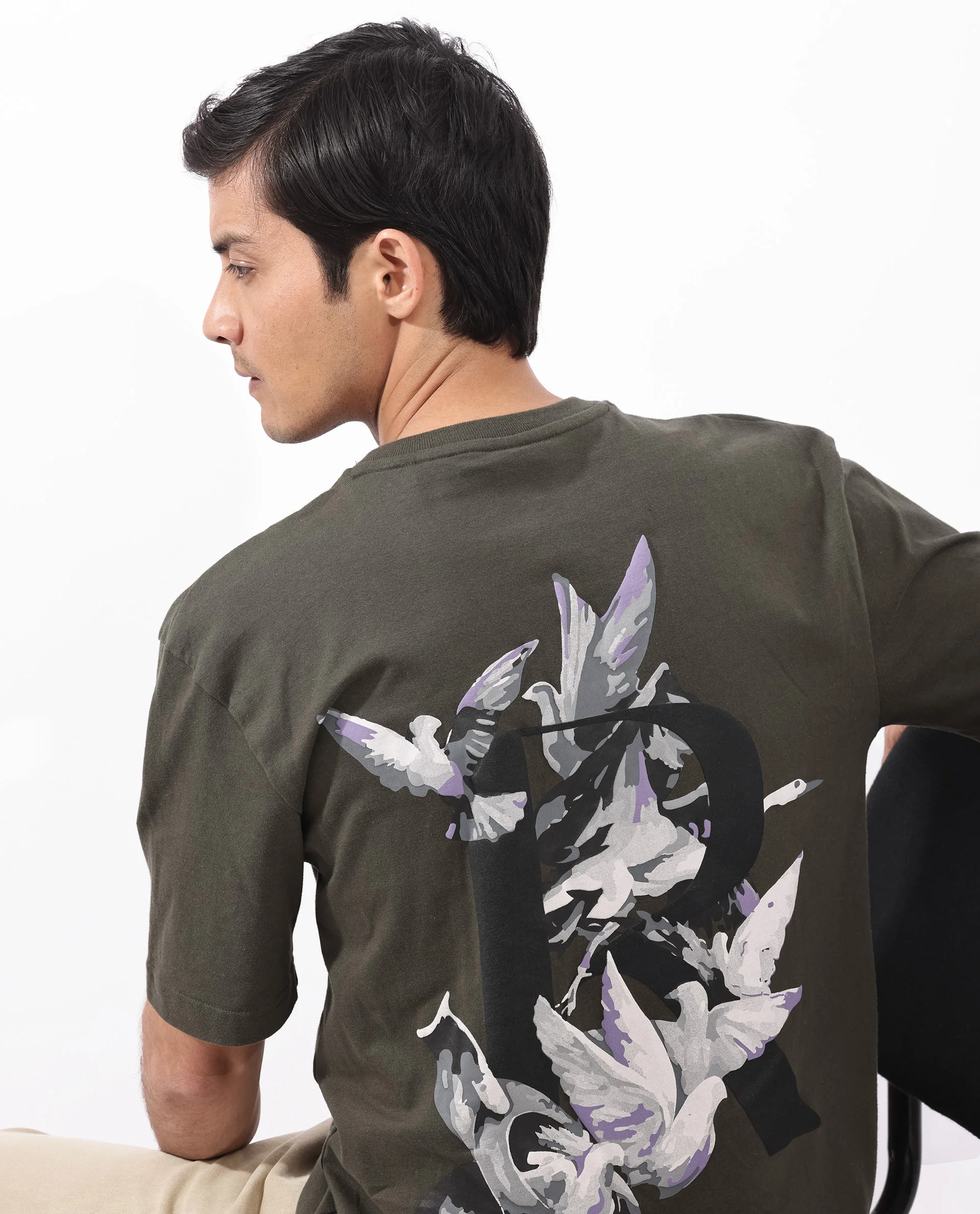 Rare Rabbit Articale Men's Magiq Olive Cotton Polyester Fabric Crew Neck Oversized Fit Graphic Abstract Print T-Shirt - Image 3