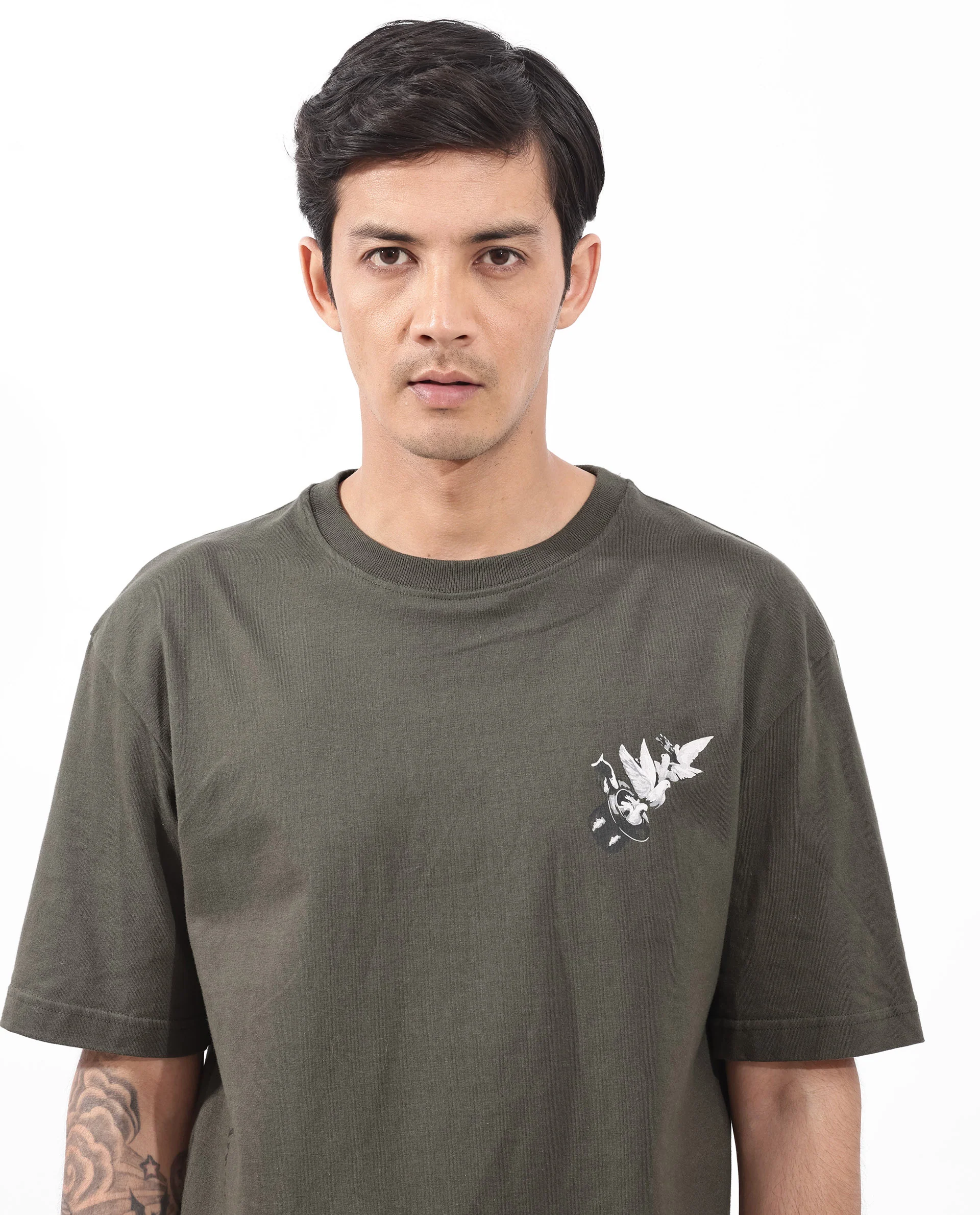 Rare Rabbit Articale Men's Magiq Olive Cotton Polyester Fabric Crew Neck Oversized Fit Graphic Abstract Print T-Shirt - Image 4