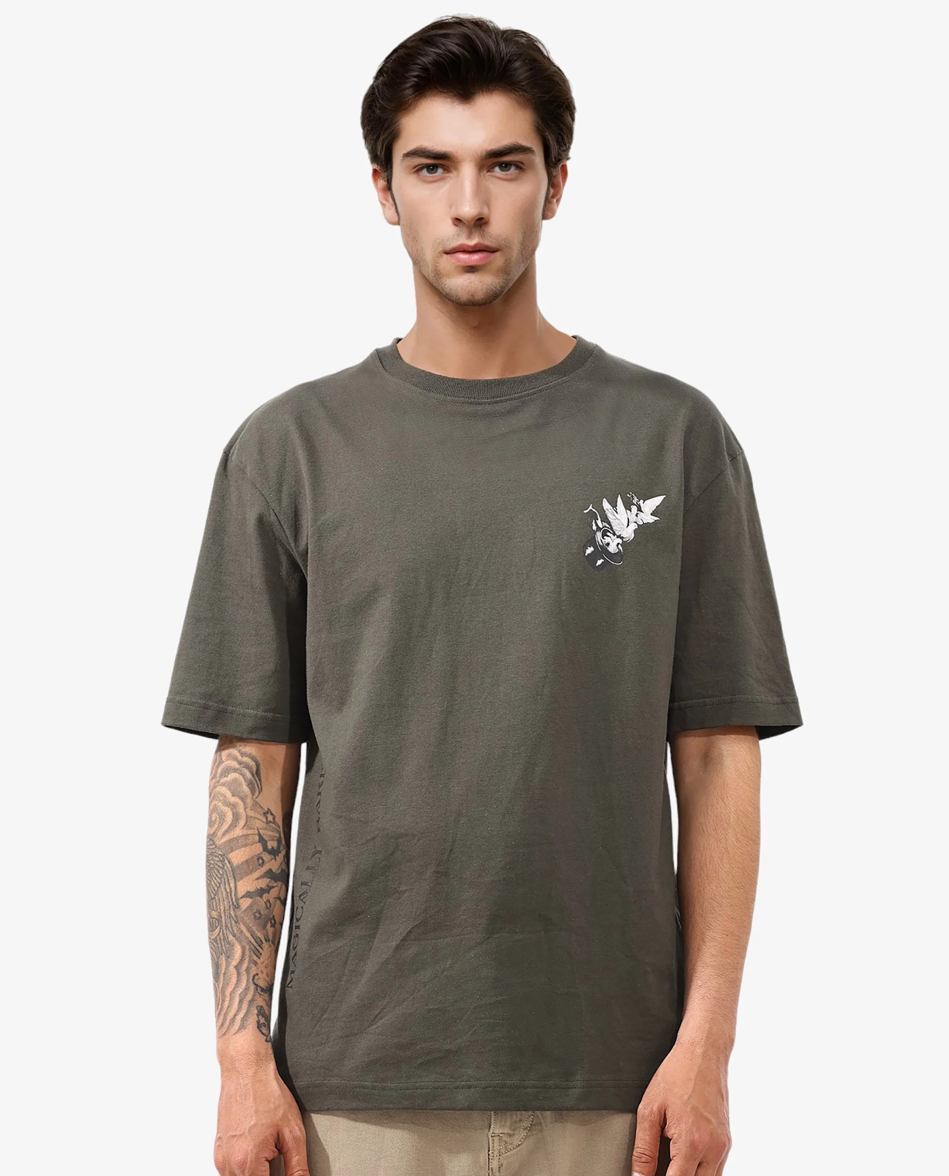 Rare Rabbit Articale Men's Magiq Olive Cotton Polyester Fabric Crew Neck Oversized Fit Graphic Abstract Print T-Shirt - Image 5