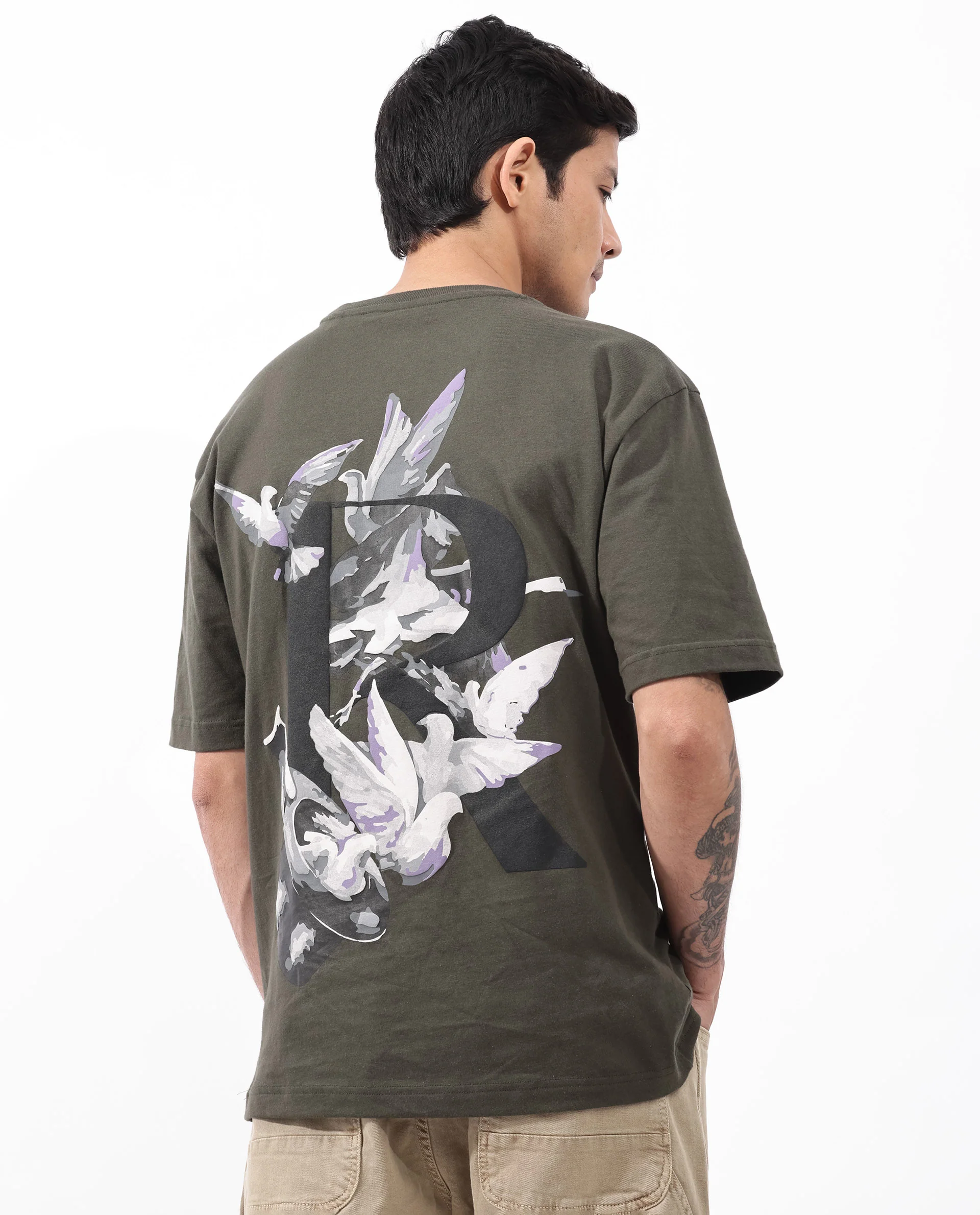 Rare Rabbit Articale Men's Magiq Olive Cotton Polyester Fabric Crew Neck Oversized Fit Graphic Abstract Print T-Shirt - Image 6