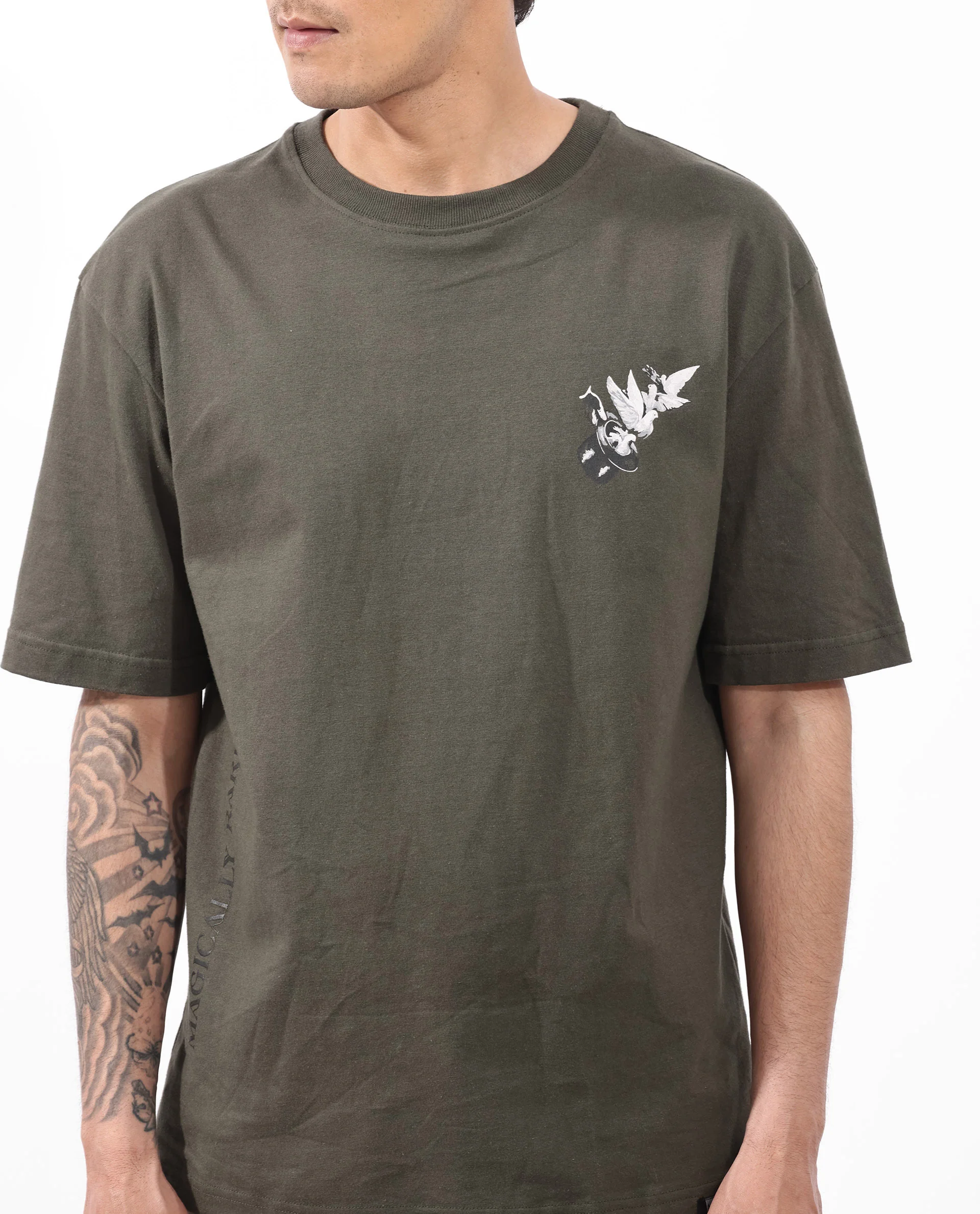 Rare Rabbit Articale Men's Magiq Olive Cotton Polyester Fabric Crew Neck Oversized Fit Graphic Abstract Print T-Shirt - Image 7