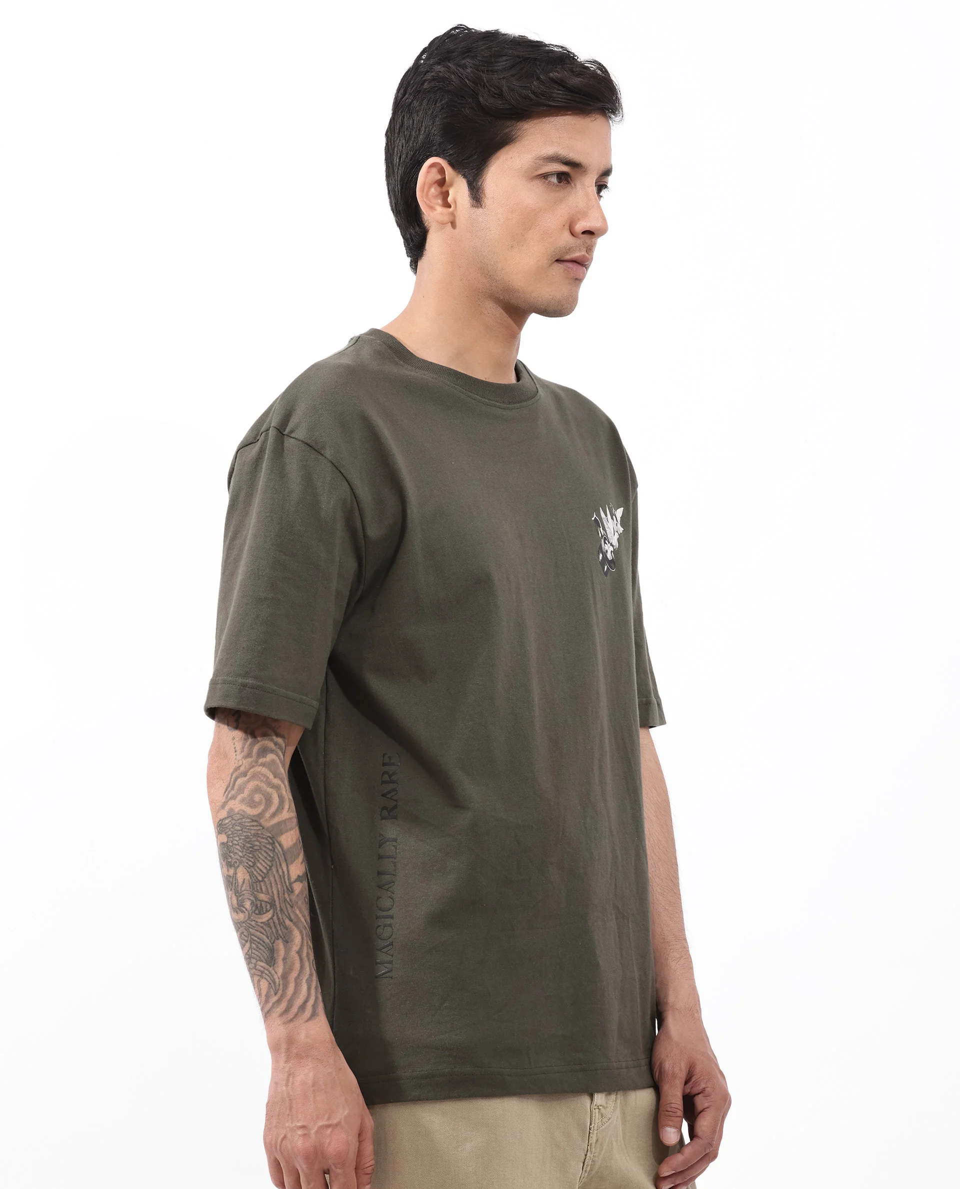 Rare Rabbit Articale Men's Magiq Olive Cotton Polyester Fabric Crew Neck Oversized Fit Graphic Abstract Print T-Shirt - Image 8