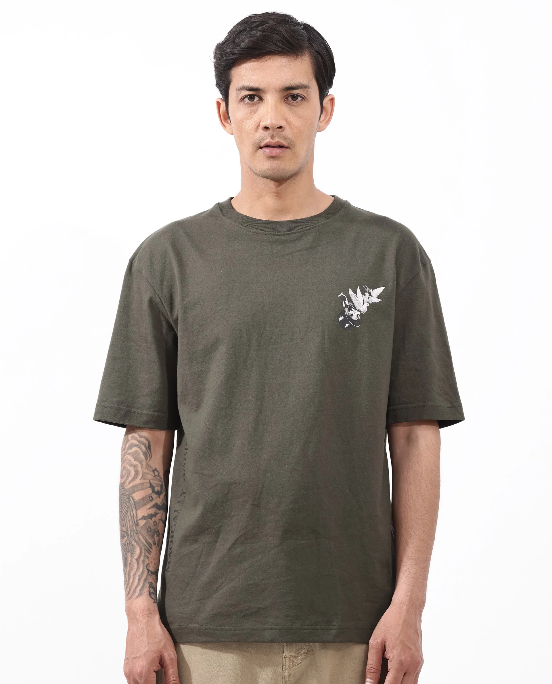 Rare Rabbit Articale Men's Magiq Olive Cotton Polyester Fabric Crew Neck Oversized Fit Graphic Abstract Print T-Shirt - Image 9