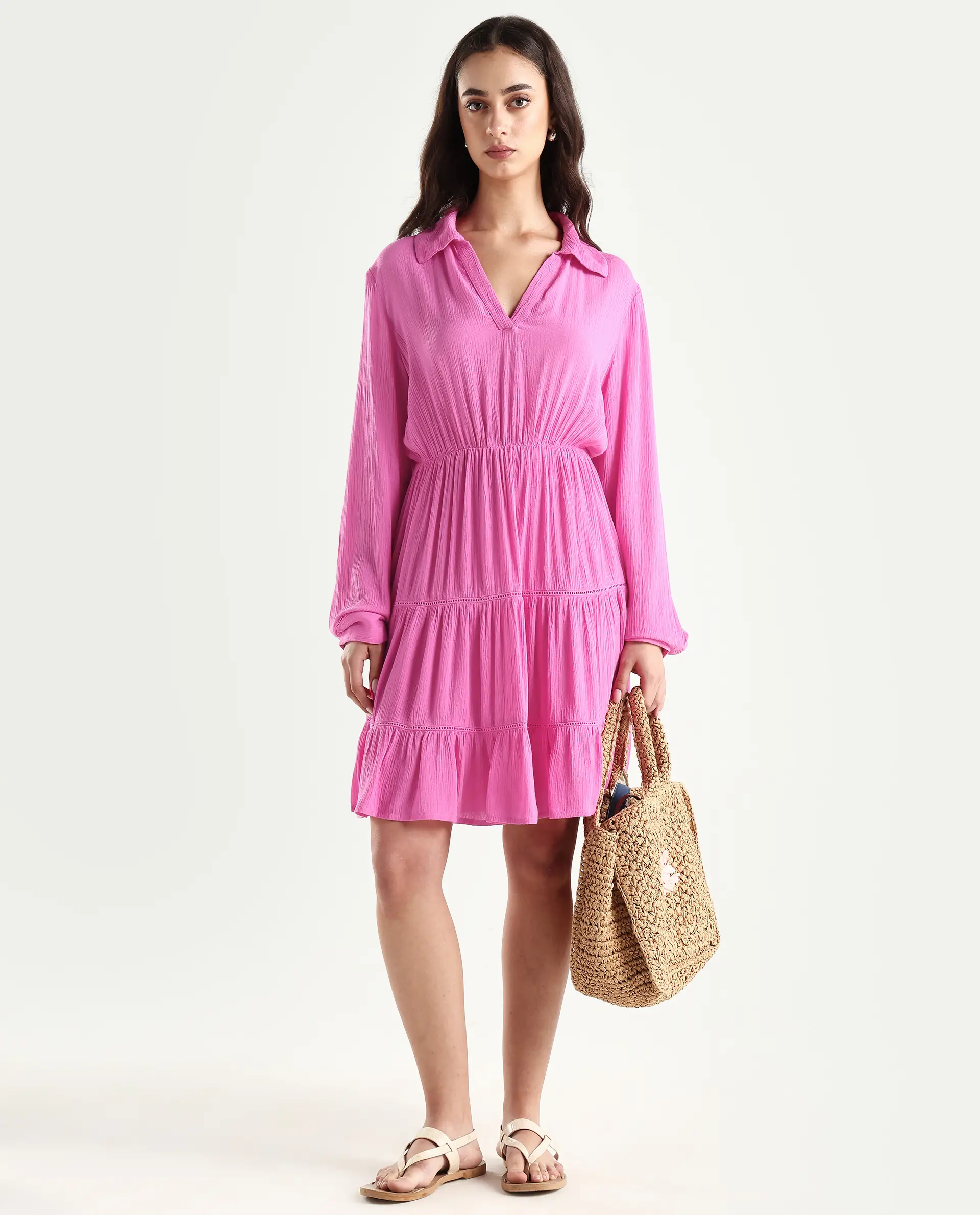 Rareism Women's Magner Pink Rayon Drop Collar Plain Mini Fit And Flare Dress - Image 2