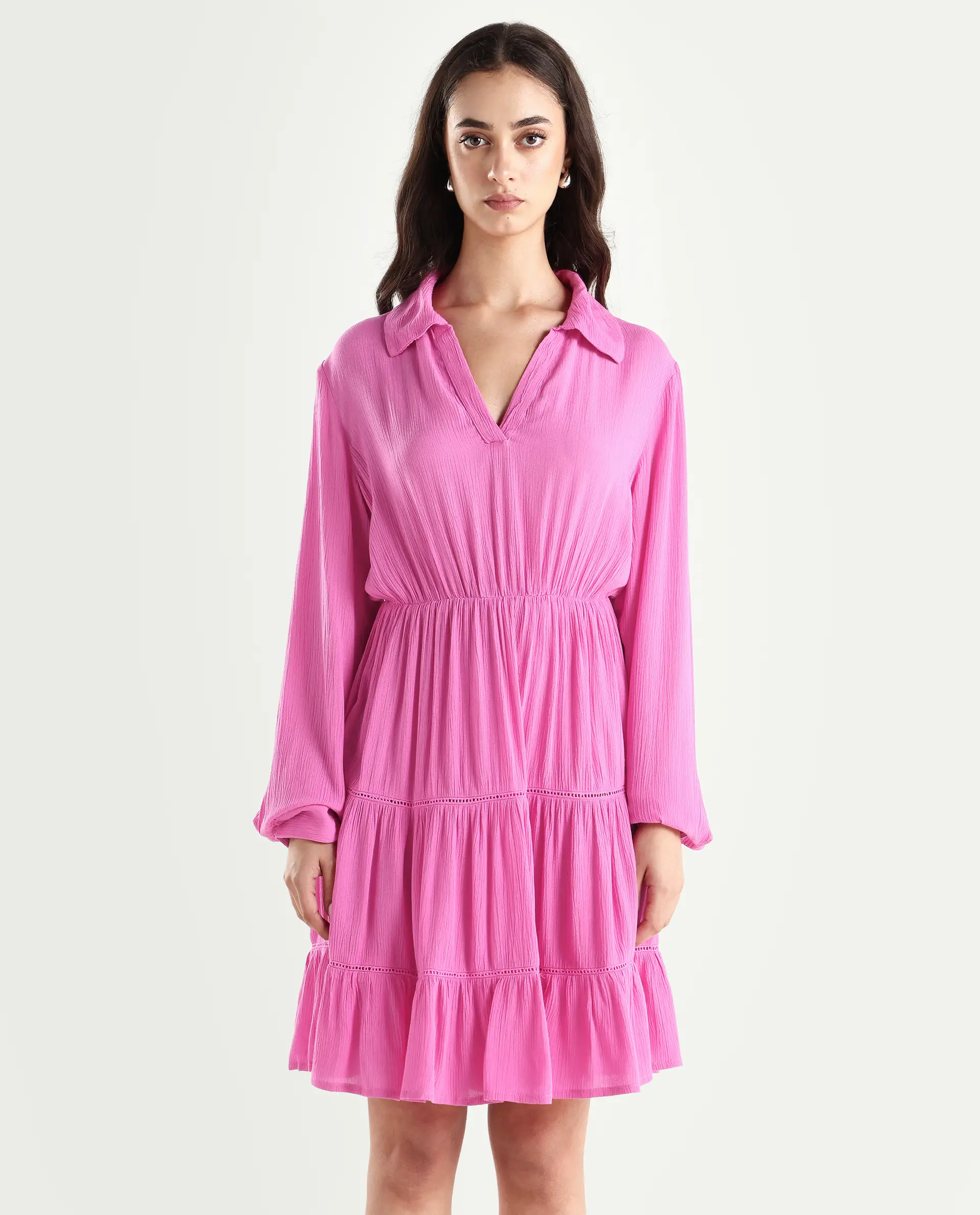 Rareism Women's Magner Pink Rayon Drop Collar Plain Mini Fit And Flare Dress - Image 3