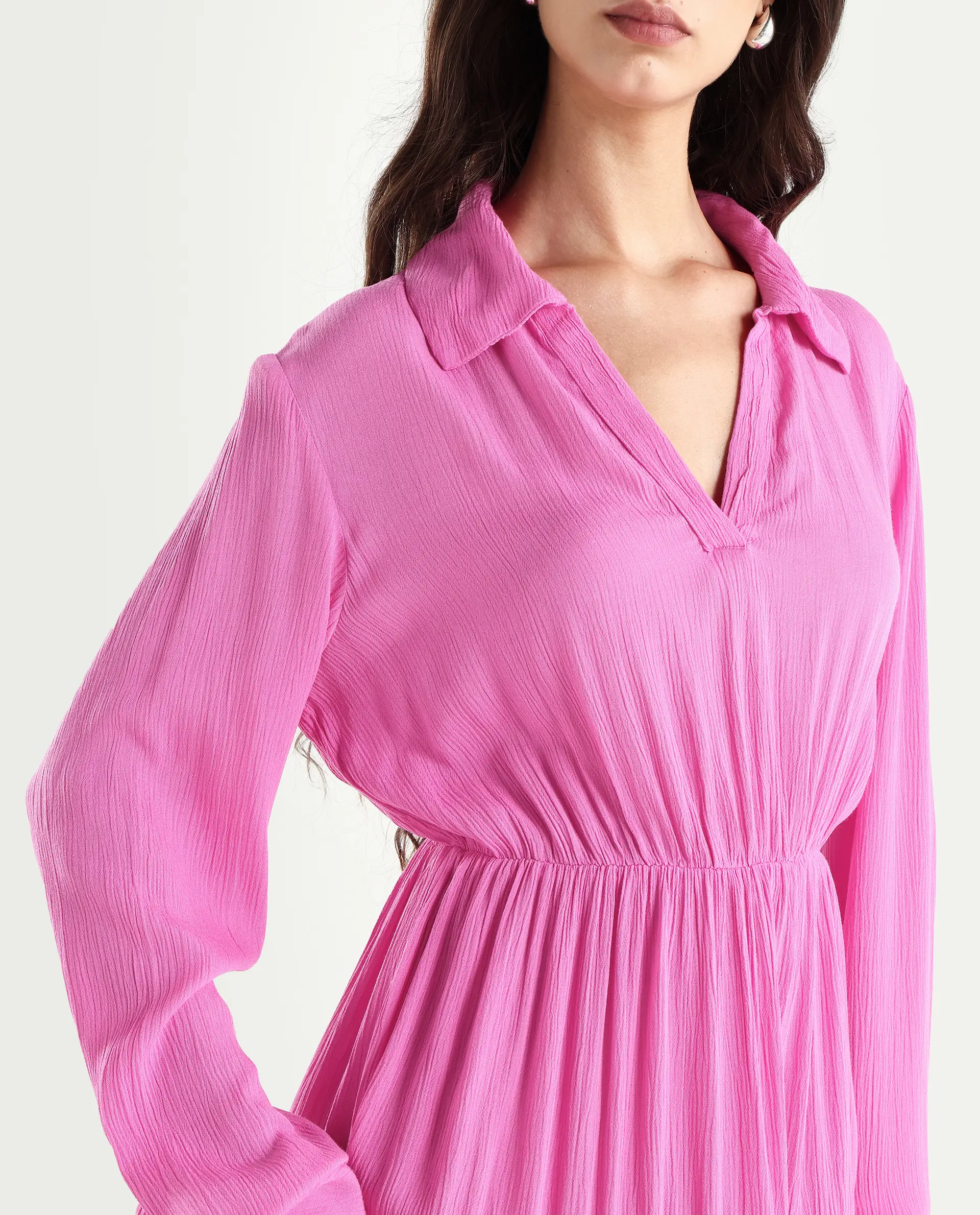 Rareism Women's Magner Pink Rayon Drop Collar Plain Mini Fit And Flare Dress - Image 4