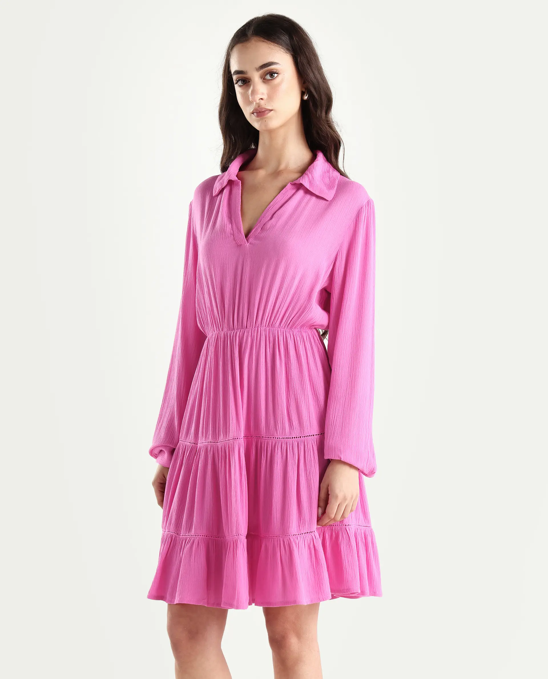 Rareism Women's Magner Pink Rayon Drop Collar Plain Mini Fit And Flare Dress - Image 5