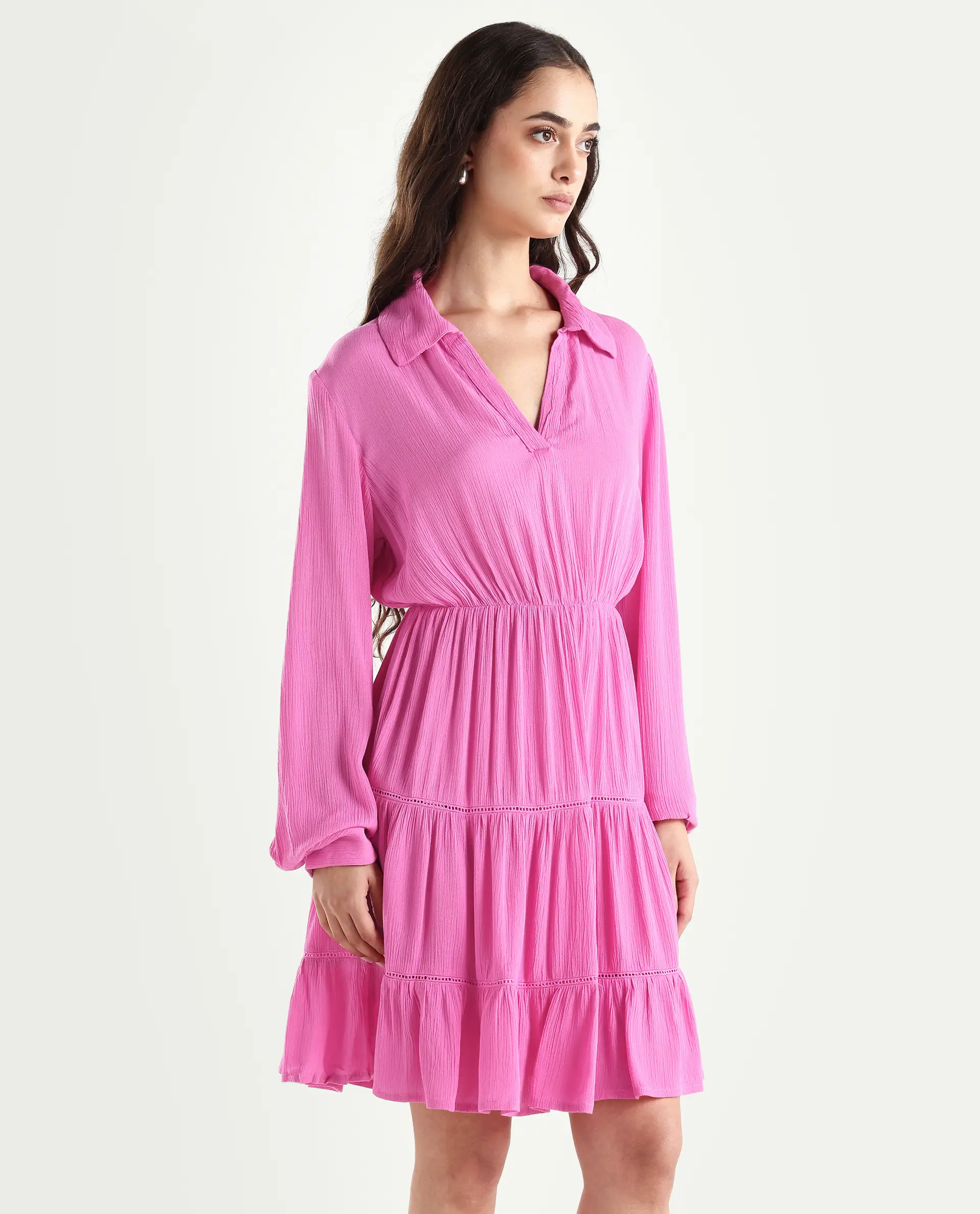 Rareism Women's Magner Pink Rayon Drop Collar Plain Mini Fit And Flare Dress - Image 6