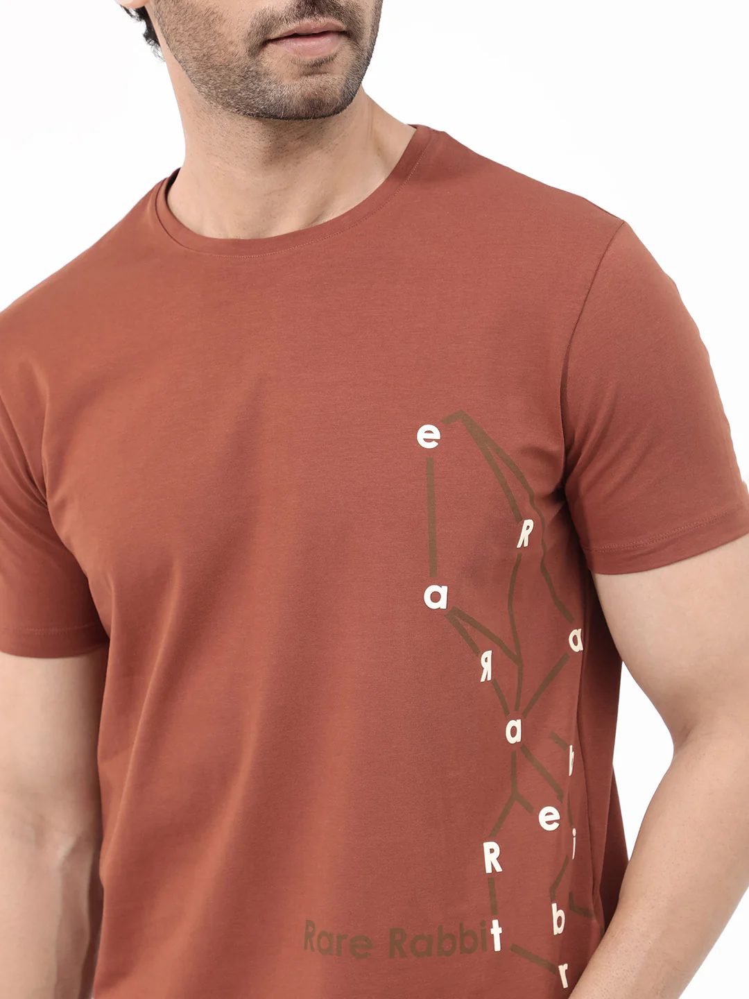 Rare Rabbit Articale Mens Magnus Dusky Rust Cotton Polyester Fabric Short Sleeve Crew Neck Slim Fit Printed T-Shirt - Image 2