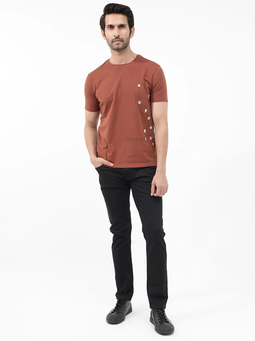 Rare Rabbit Articale Mens Magnus Dusky Rust Cotton Polyester Fabric Short Sleeve Crew Neck Slim Fit Printed T-Shirt - Image 3