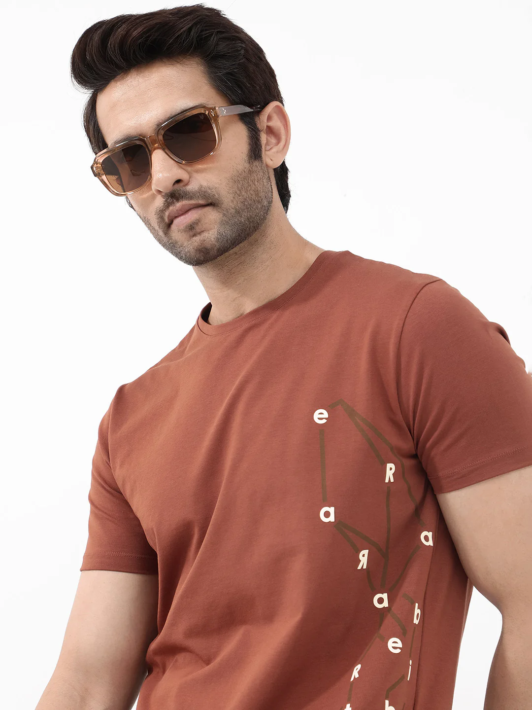Rare Rabbit Articale Mens Magnus Dusky Rust Cotton Polyester Fabric Short Sleeve Crew Neck Slim Fit Printed T-Shirt - Image 5