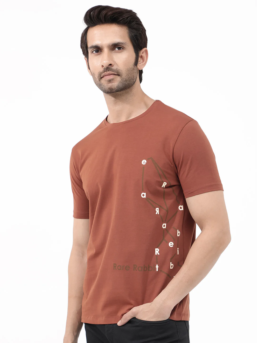 Rare Rabbit Articale Mens Magnus Dusky Rust Cotton Polyester Fabric Short Sleeve Crew Neck Slim Fit Printed T-Shirt - Image 6