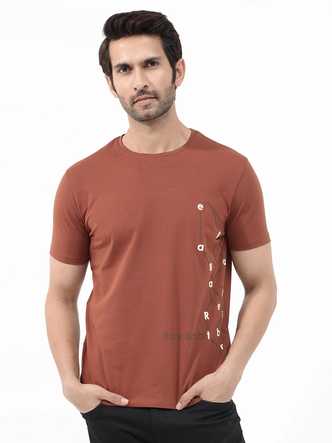Rare Rabbit Articale Mens Magnus Dusky Rust Cotton Polyester Fabric Short Sleeve Crew Neck Slim Fit Printed T-Shirt - Image 8