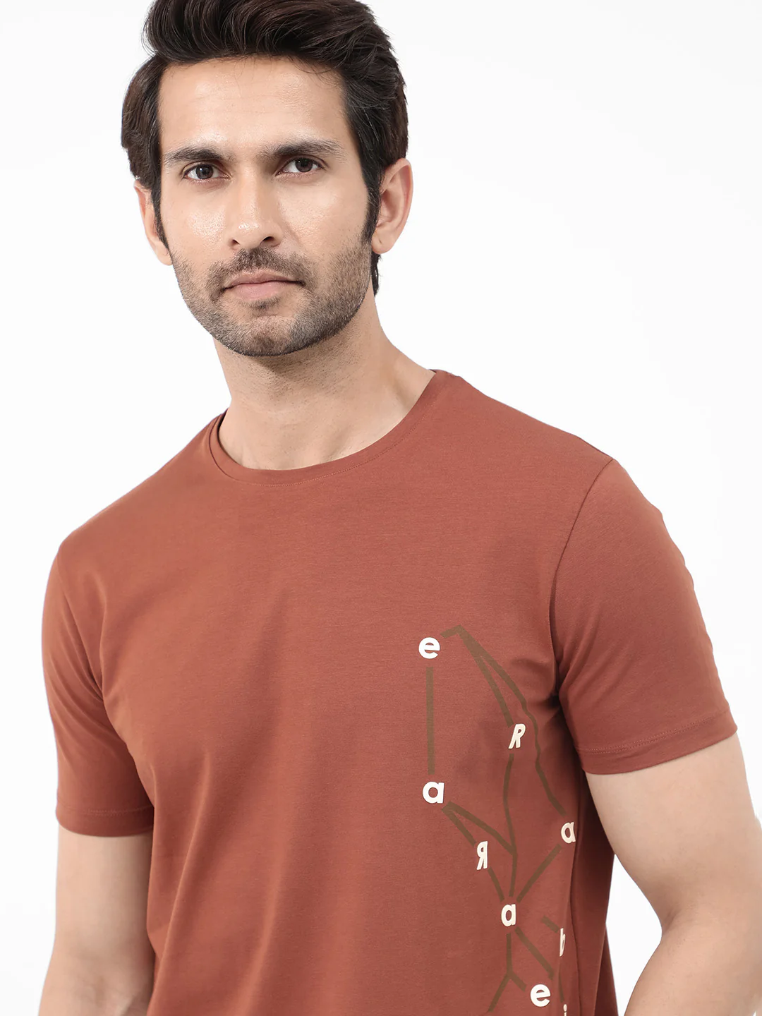 Rare Rabbit Articale Mens Magnus Dusky Rust Cotton Polyester Fabric Short Sleeve Crew Neck Slim Fit Printed T-Shirt - Image 9
