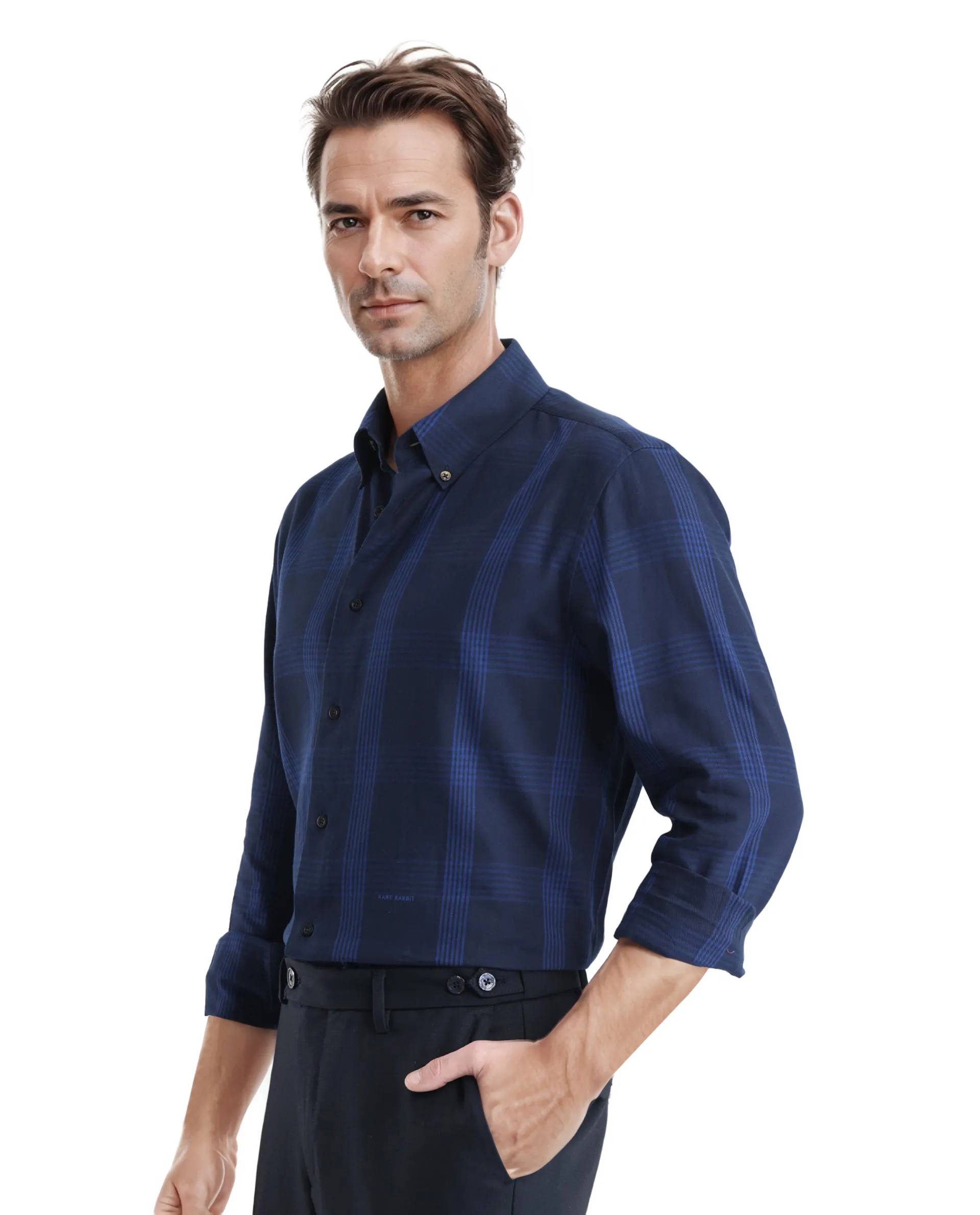 Rare Rabbit Men's Magone Navy Checked Print Regular Fit Full Sleeve Collared Shirt - Image 5