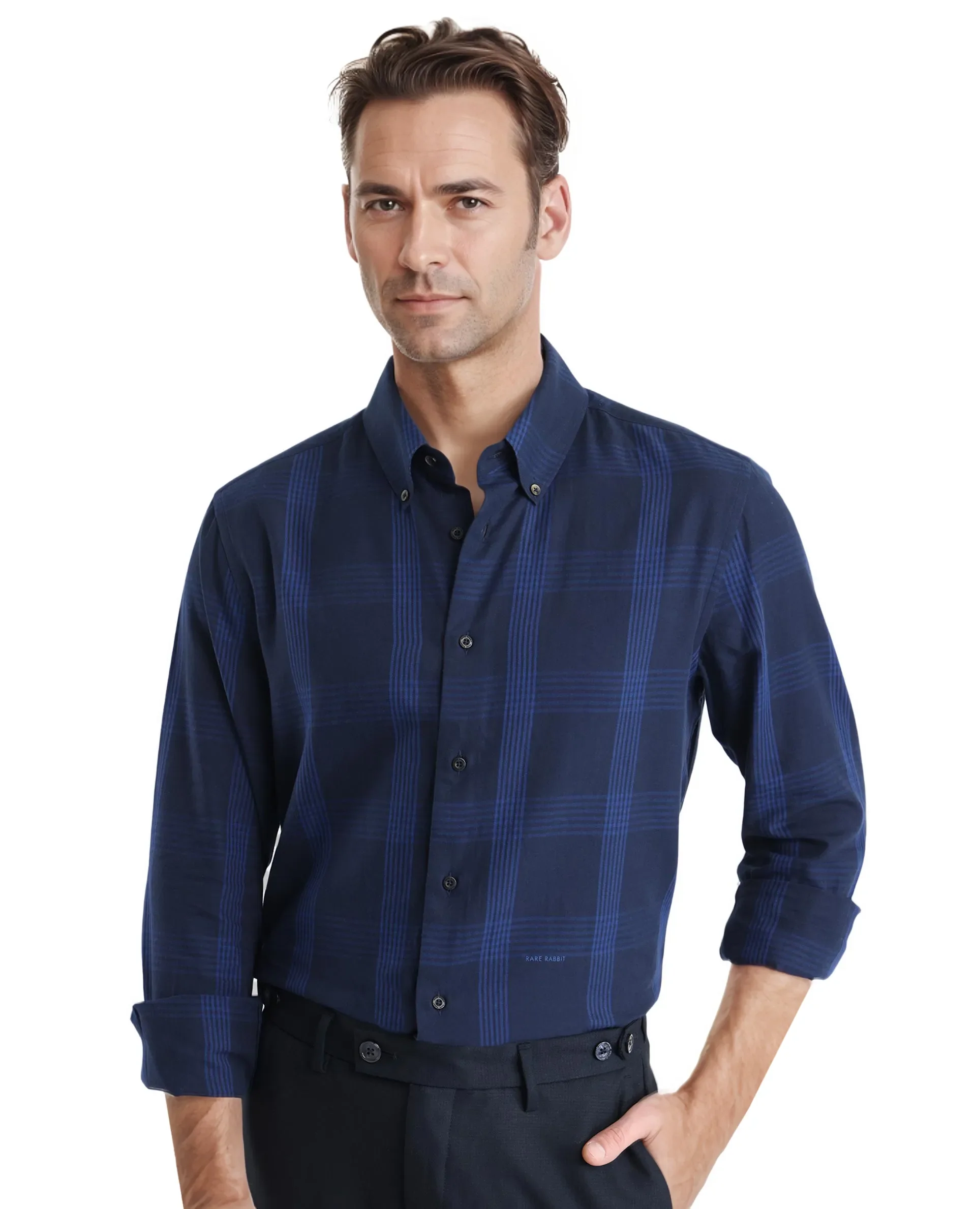 Rare Rabbit Men's Magone Navy Checked Print Regular Fit Full Sleeve Collared Shirt - Image 6