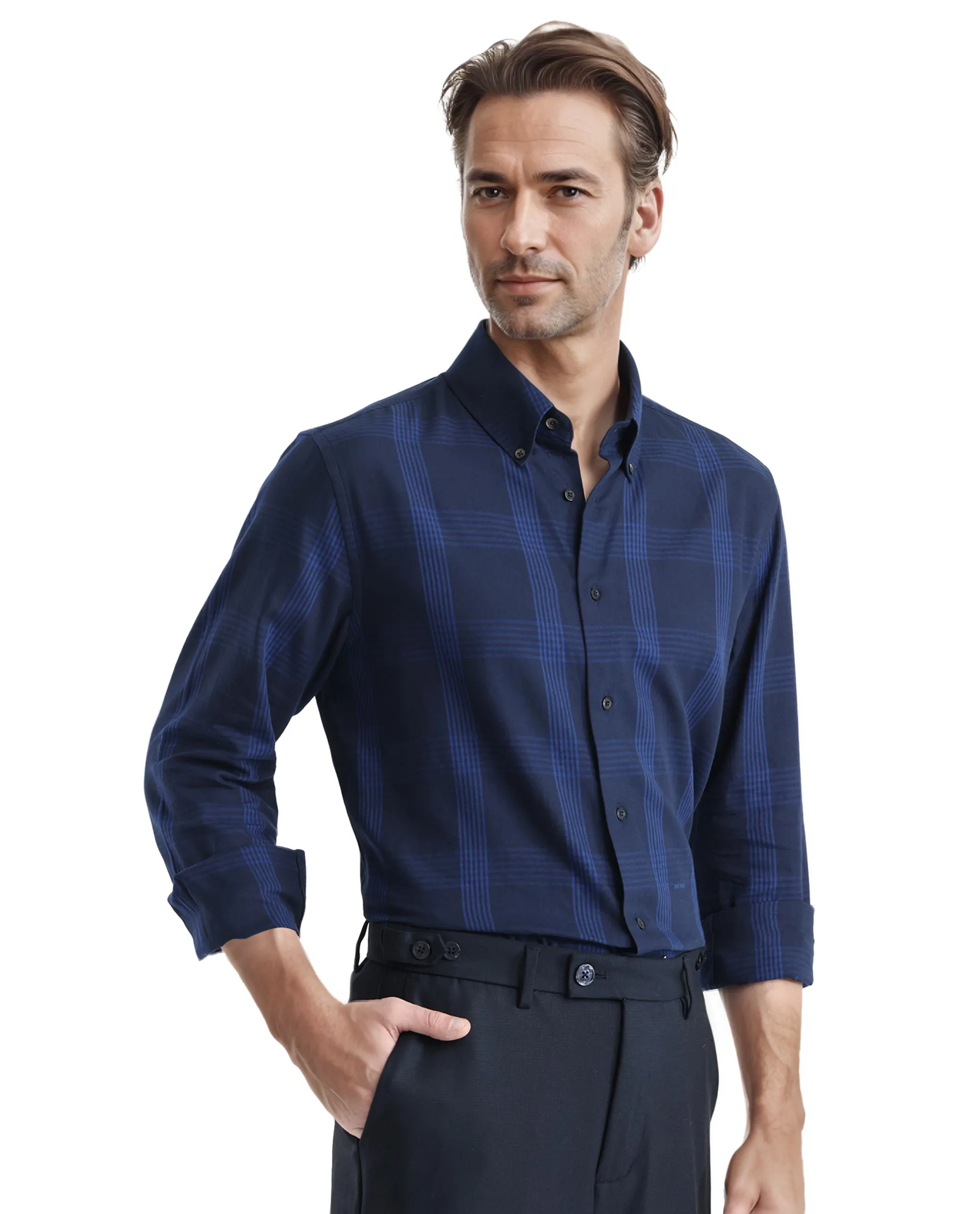 Rare Rabbit Men's Magone Navy Checked Print Regular Fit Full Sleeve Collared Shirt - Image 7