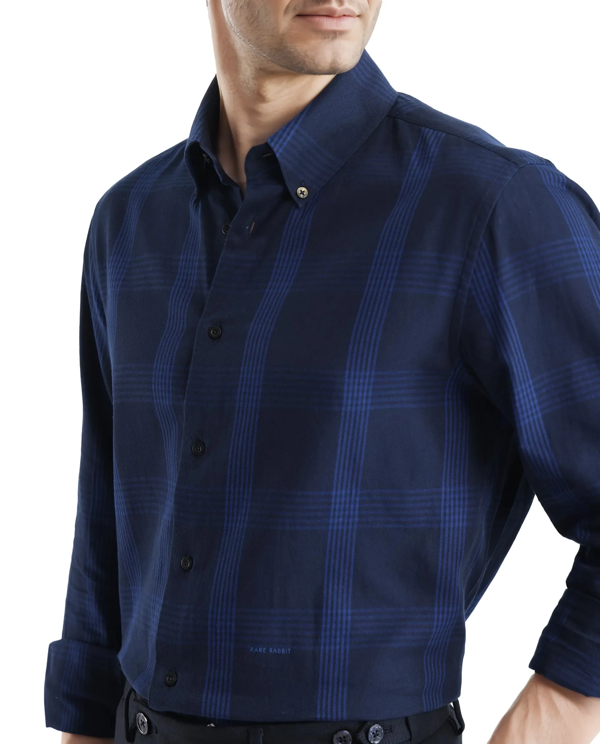 Rare Rabbit Men's Magone Navy Checked Print Regular Fit Full Sleeve Collared Shirt - Image 8