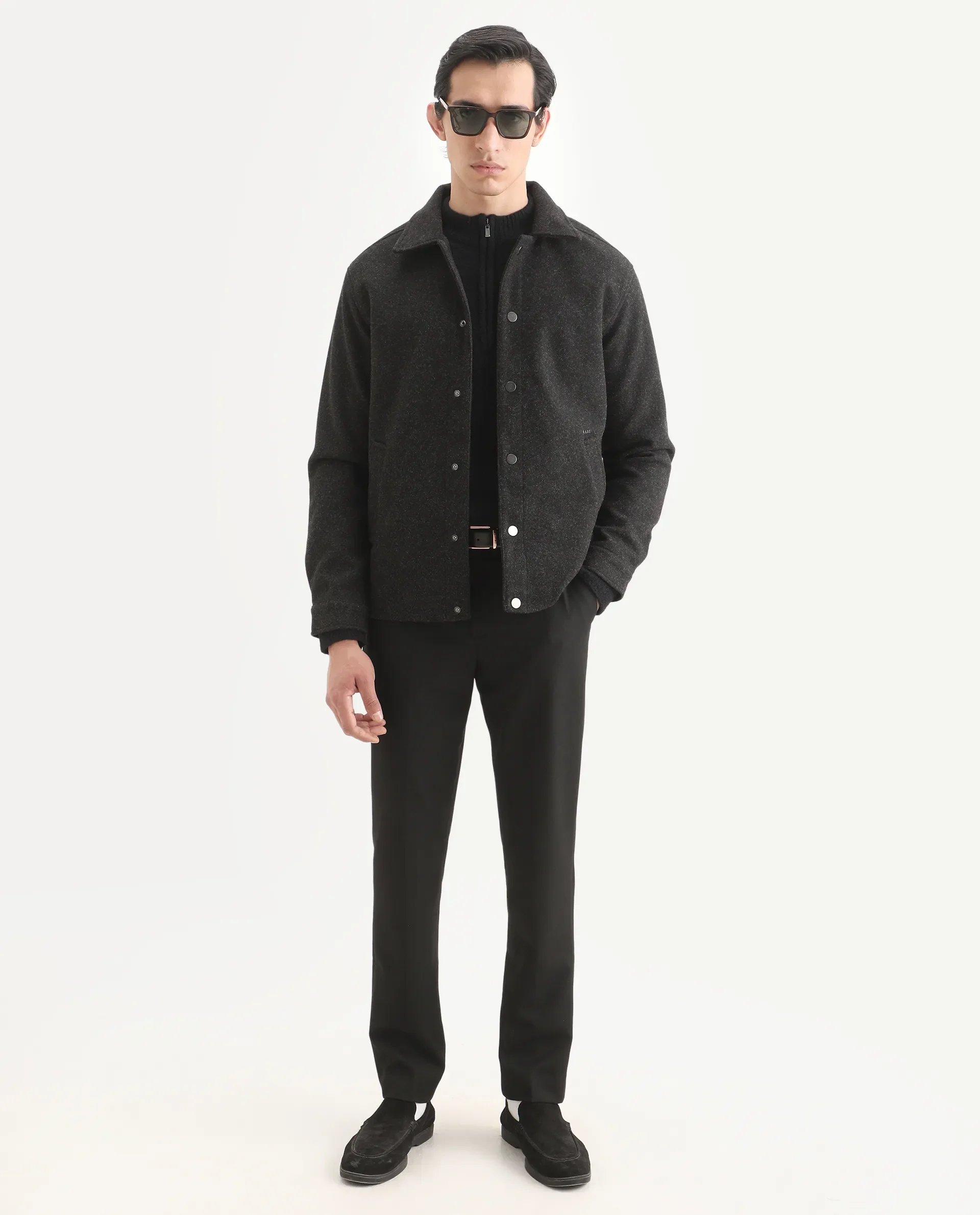 Rare Rabbit Men's Mahu Charcoal Polyester Fabric Spread Collar Regular Fit Plain Jacket - Image 2