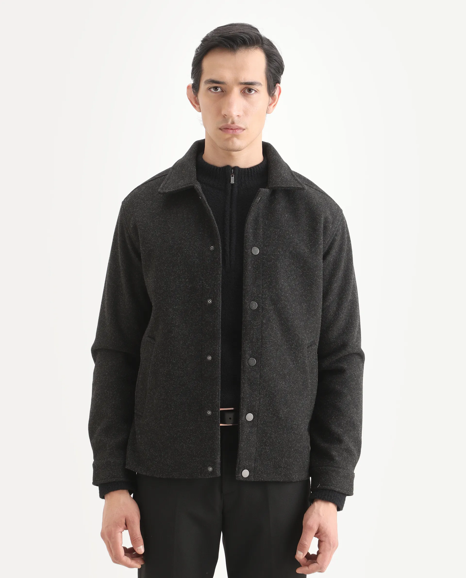 Rare Rabbit Men's Mahu Charcoal Polyester Fabric Spread Collar Regular Fit Plain Jacket - Image 3