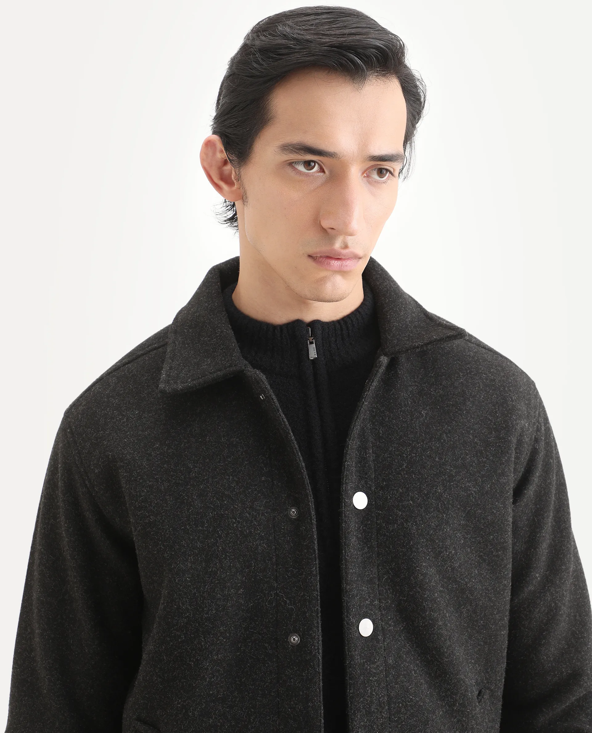 Rare Rabbit Men's Mahu Charcoal Polyester Fabric Spread Collar Regular Fit Plain Jacket - Image 4