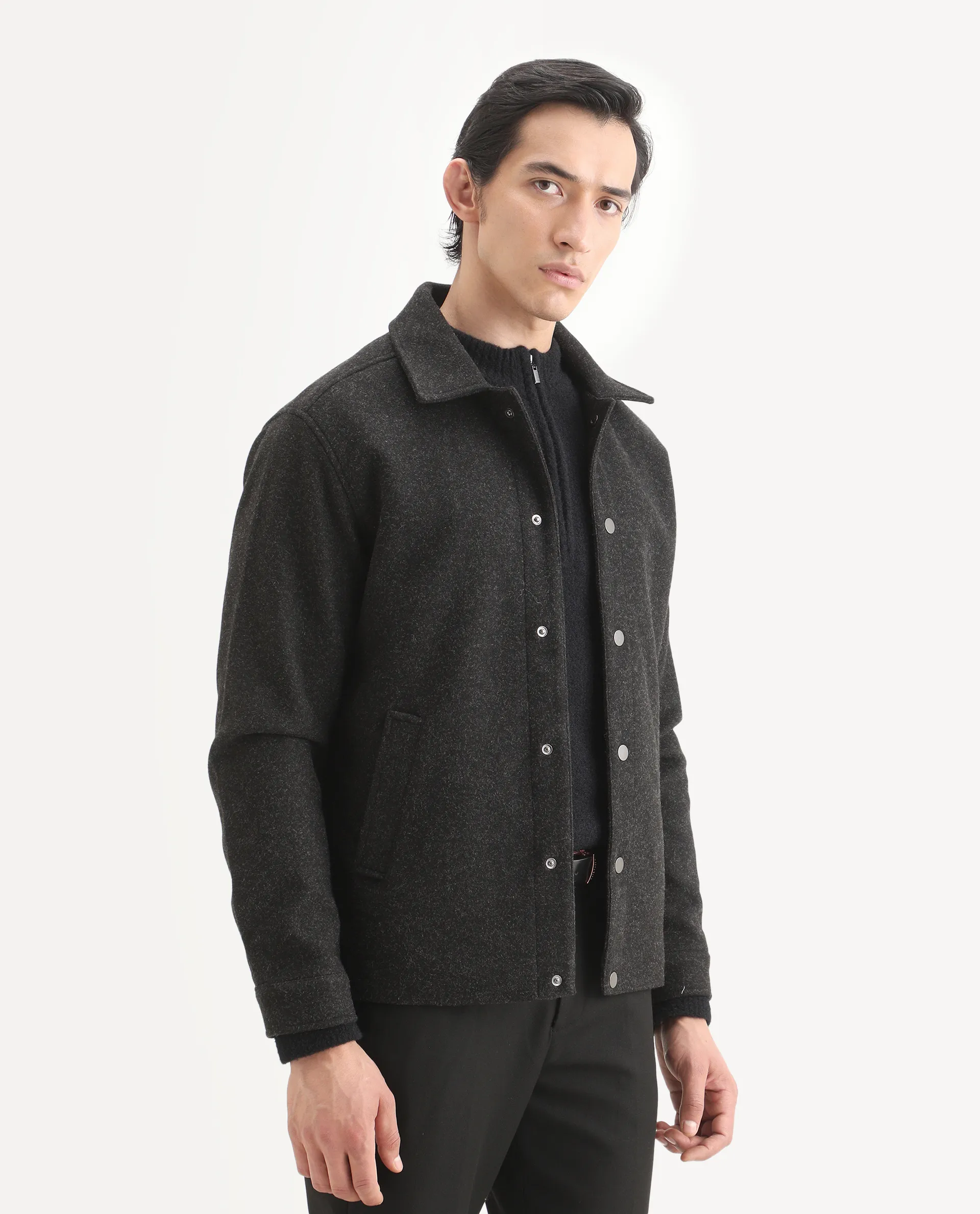 Rare Rabbit Men's Mahu Charcoal Polyester Fabric Spread Collar Regular Fit Plain Jacket - Image 6