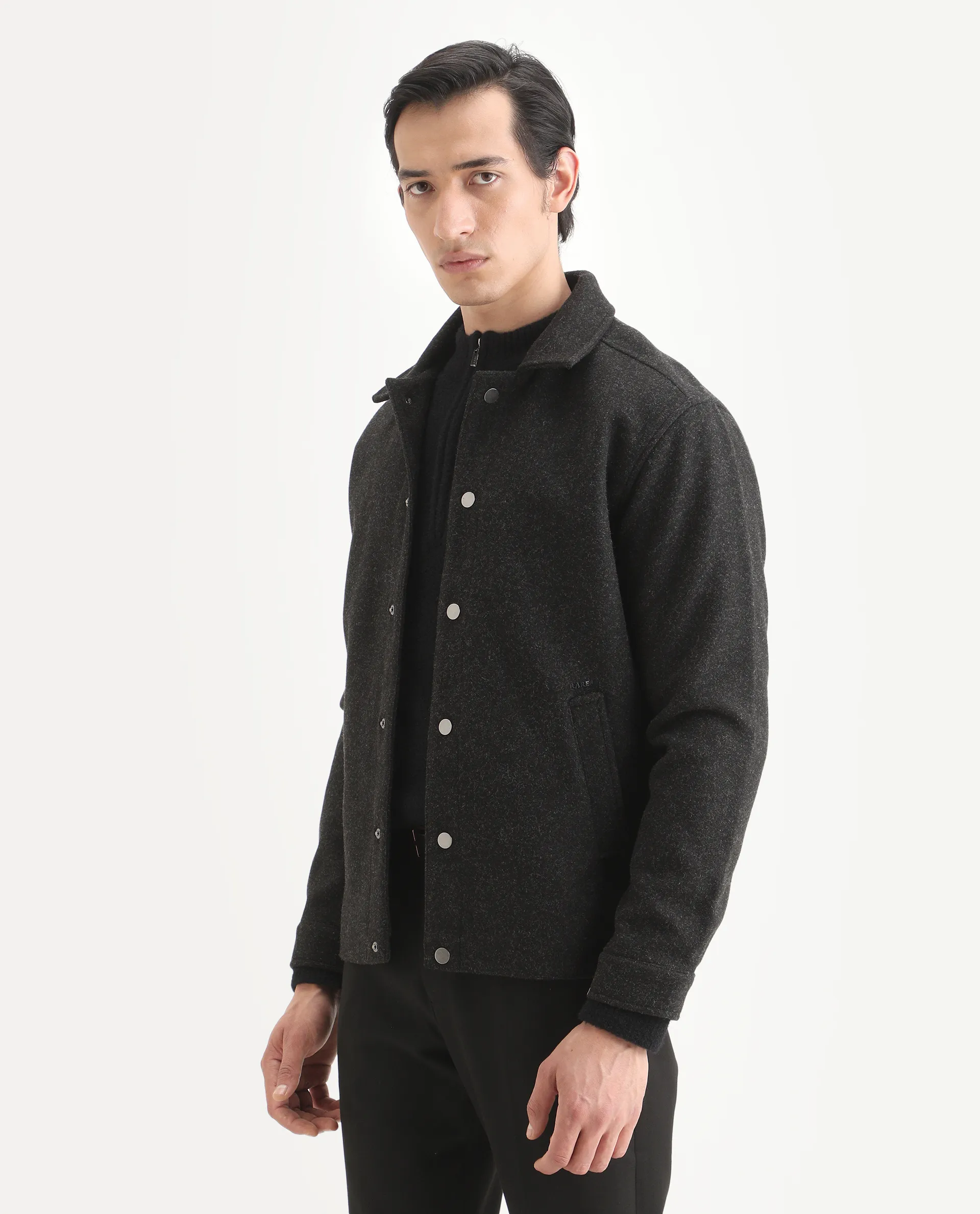 Rare Rabbit Men's Mahu Charcoal Polyester Fabric Spread Collar Regular Fit Plain Jacket - Image 7