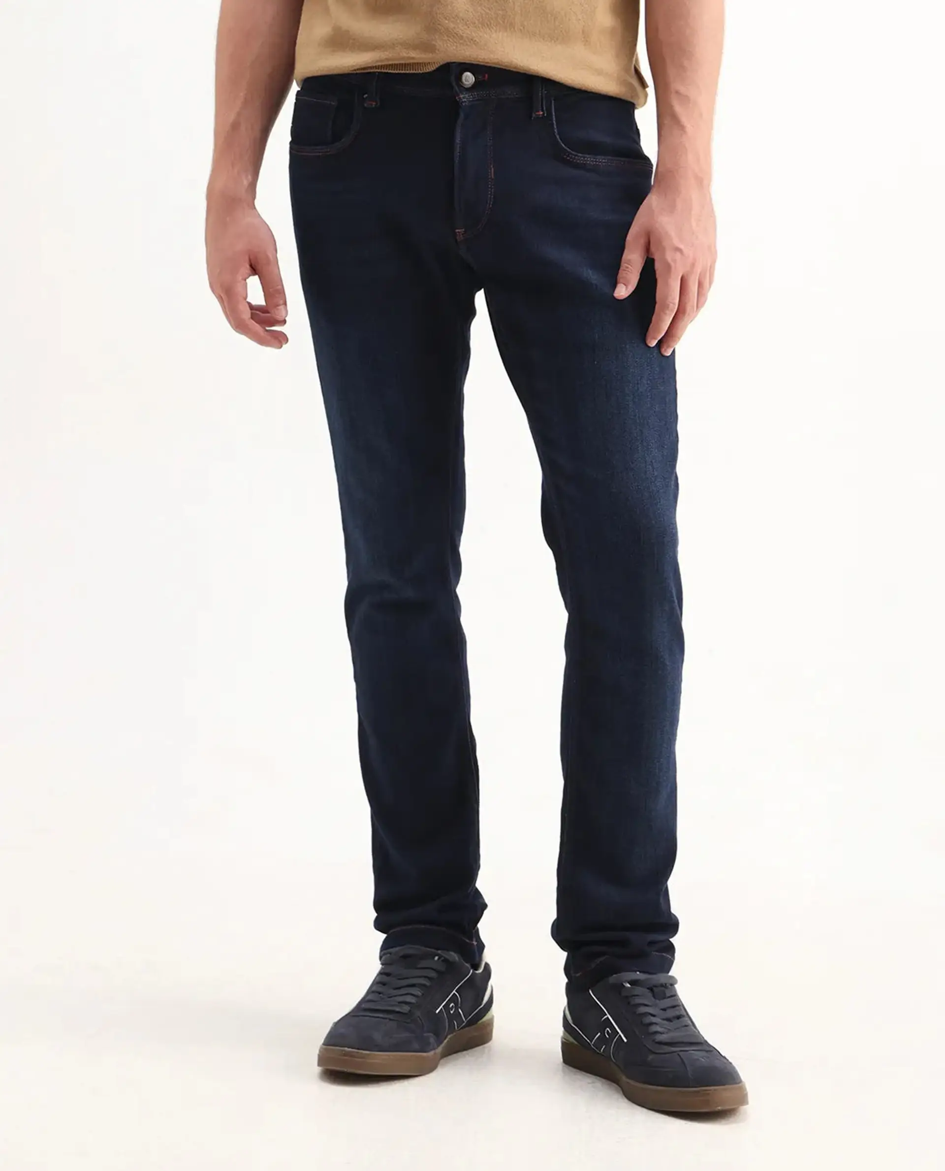 Rare Rabbit Men's Maiden Dark Blue Cotton Blend Plain Hawk Slim Fit Jeans - Image 9