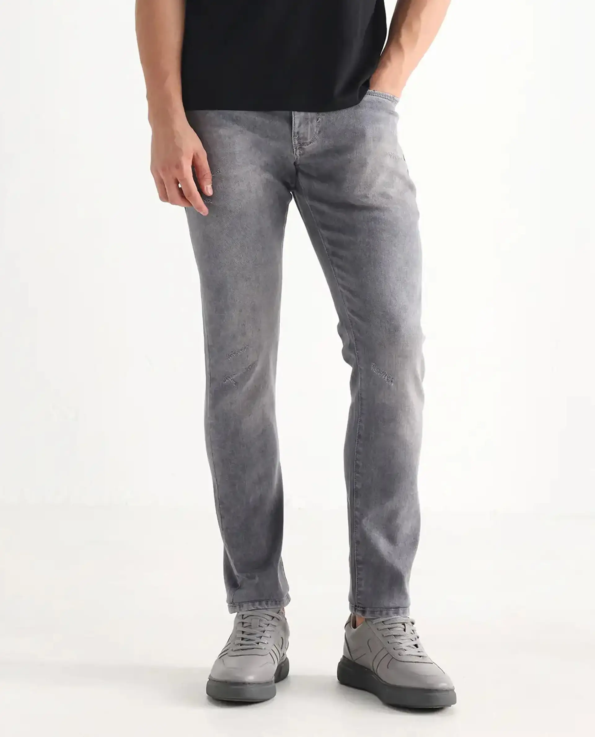 Rare Rabbit Men's Mainz Light Grey Cotton Blend Plain Hawk Slim Fit Jeans - Image 10