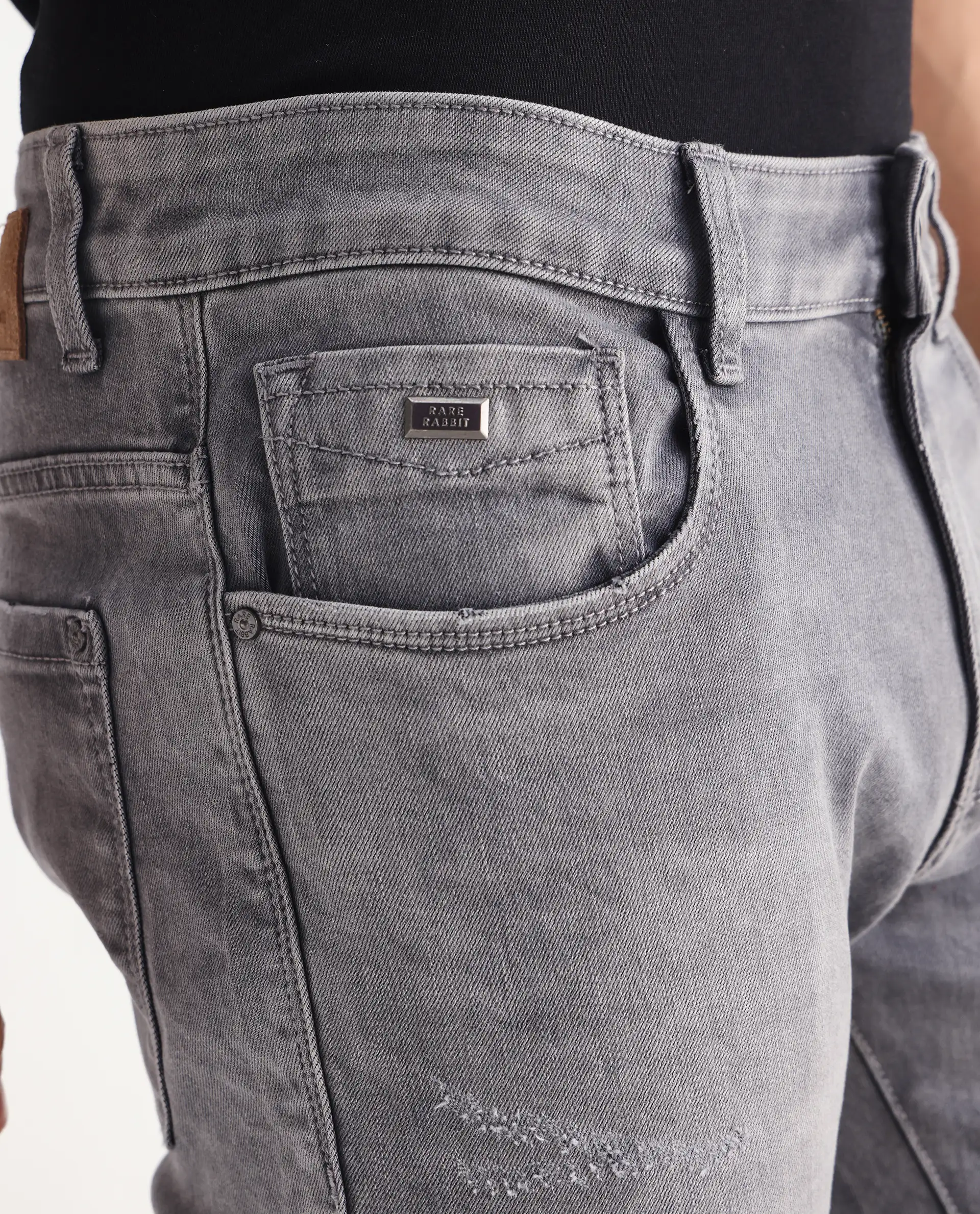 Rare Rabbit Men's Mainz Light Grey Cotton Blend Plain Hawk Slim Fit Jeans - Image 4